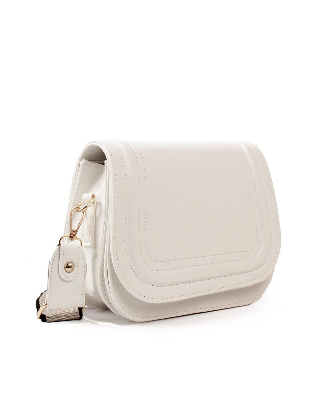 Beyaz Kadın Üç Bölmeli Dokuma Kolon Askılı Çıtçıtlı Üst Kapak Kararmaz Aksesuarlı Omuz Çantası (1813)-2