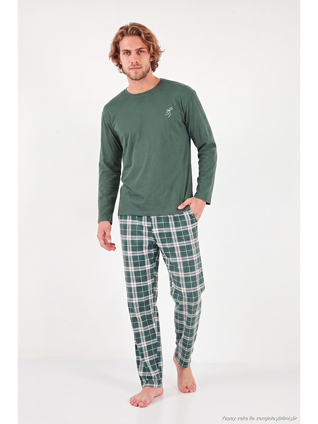 Yeşil Ekoseli Pamuklu Bisiklet Yaka Uzun Kollu Pijama Takımı 6575003-1
