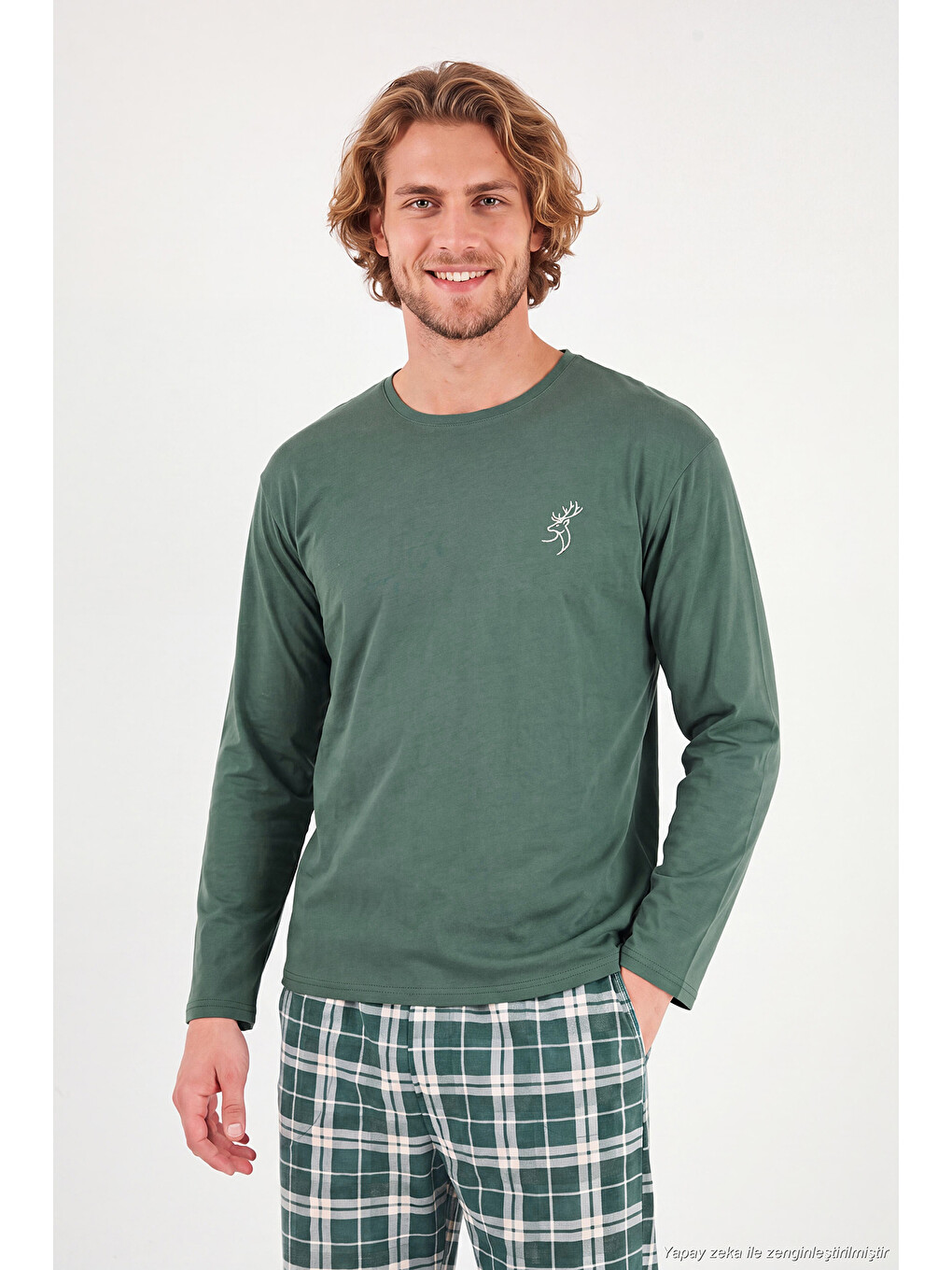 Yeşil Ekoseli Pamuklu Bisiklet Yaka Uzun Kollu Pijama Takımı 6575003-2