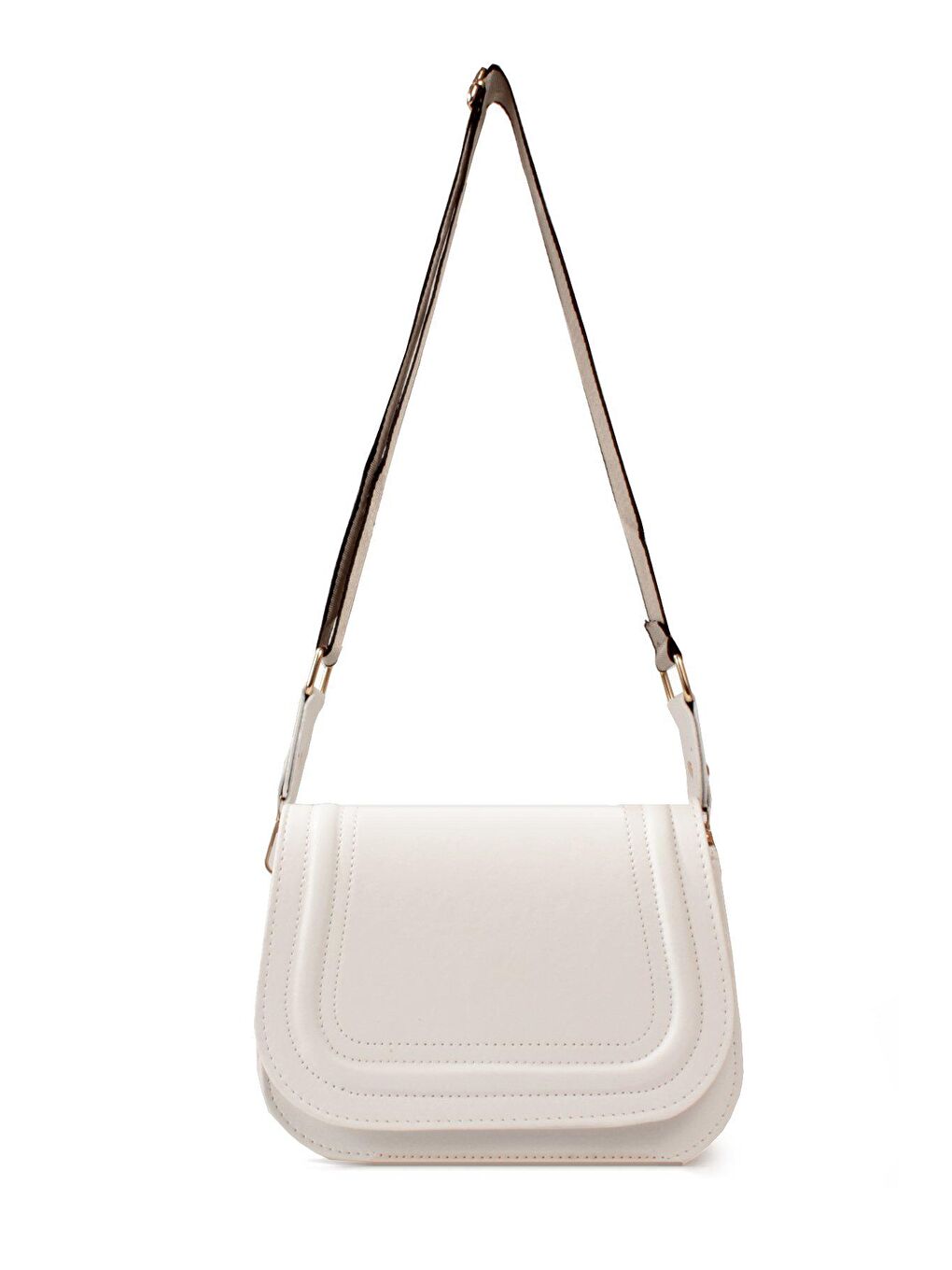 Beyaz Kadın Üç Bölmeli Dokuma Kolon Askılı Çıtçıtlı Üst Kapak Kararmaz Aksesuarlı Omuz Çantası (1813)-3