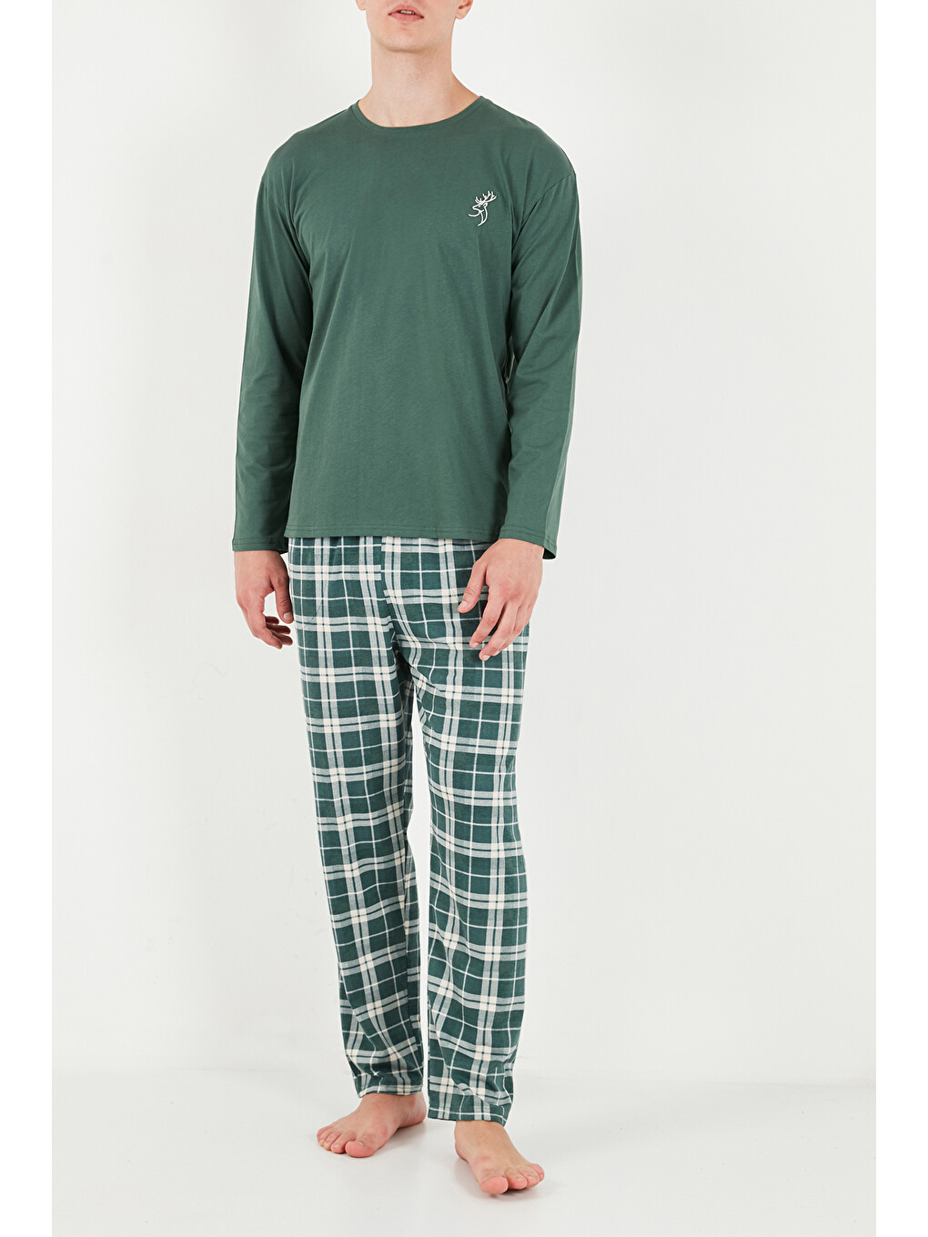 Yeşil Ekoseli Pamuklu Bisiklet Yaka Uzun Kollu Pijama Takımı 6575003-4