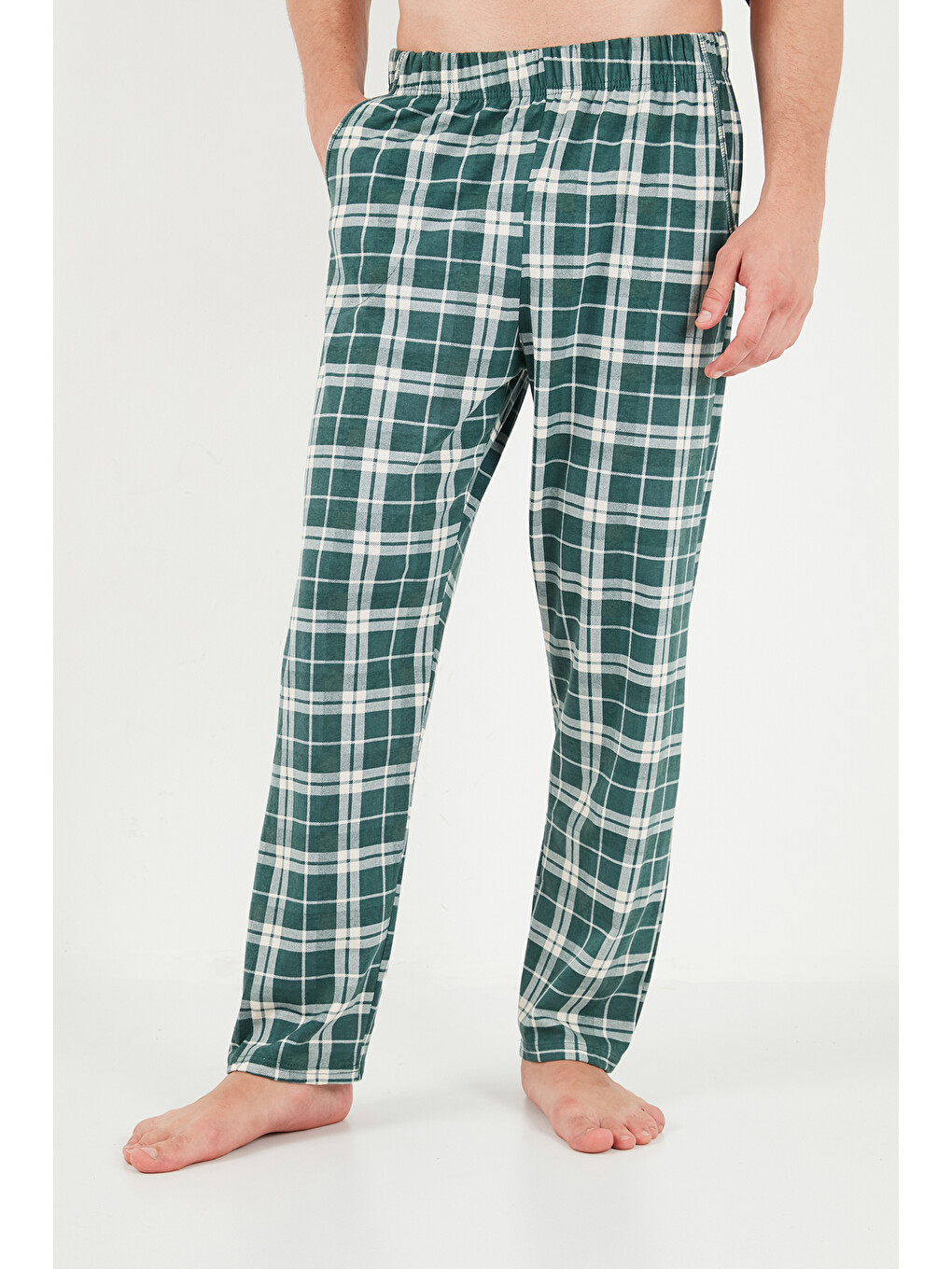Yeşil Ekoseli Pamuklu Bisiklet Yaka Uzun Kollu Pijama Takımı 6575003-5