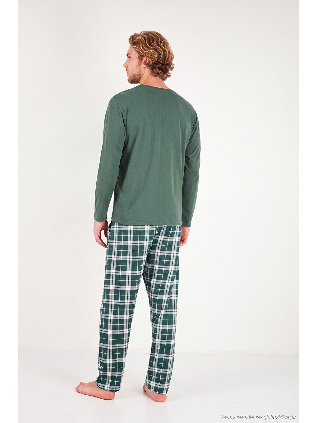 Yeşil Ekoseli Pamuklu Bisiklet Yaka Uzun Kollu Pijama Takımı 6575003-6