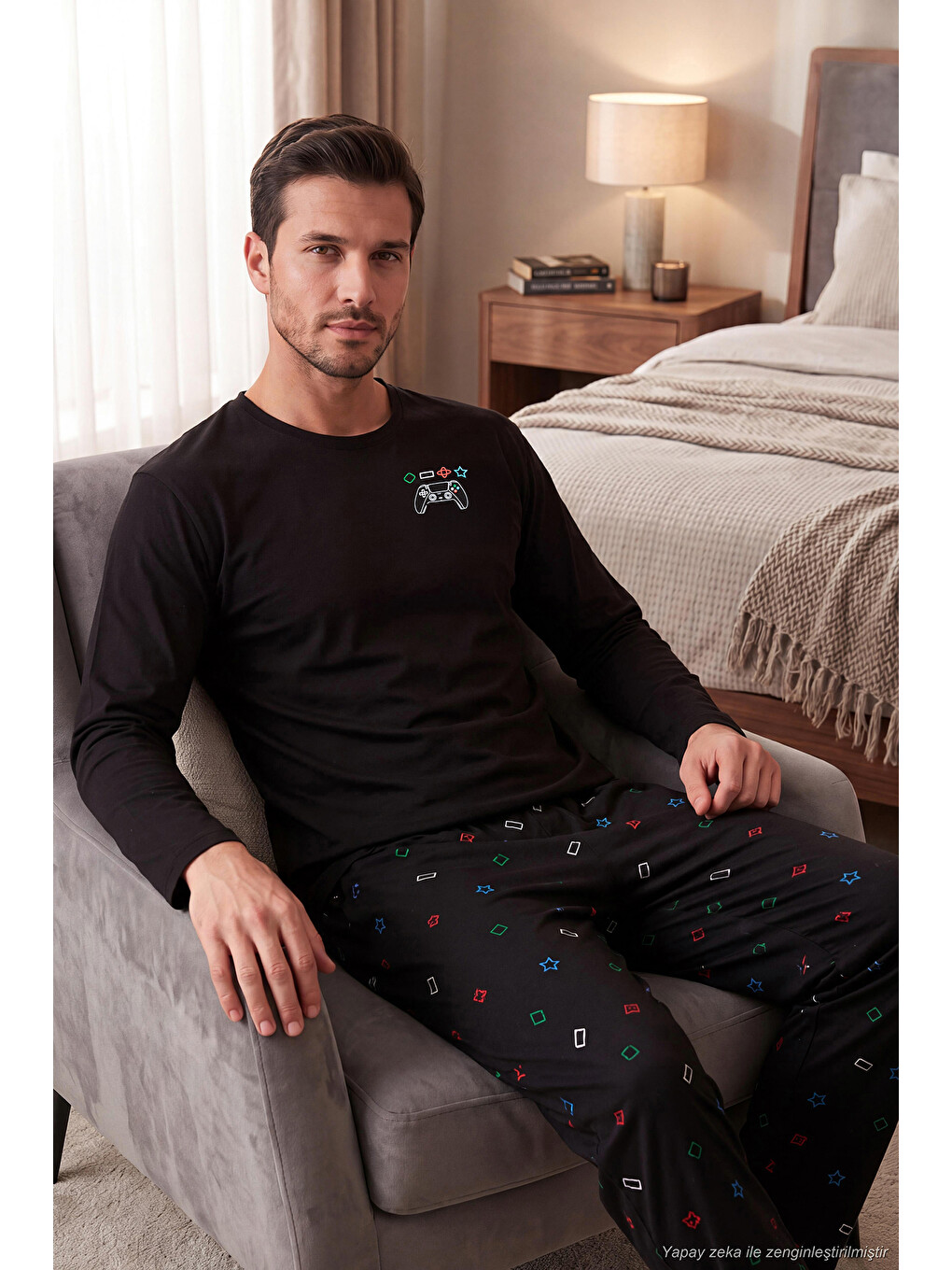Siyah Baskılı Pamuklu Bisiklet Yaka Uzun Kollu Pijama Takımı 6575001-1