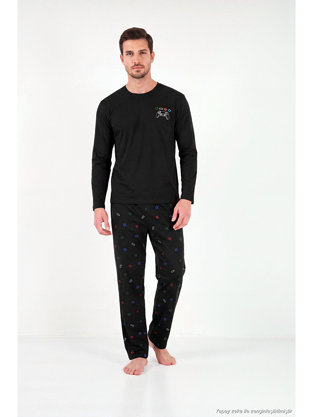 Siyah Baskılı Pamuklu Bisiklet Yaka Uzun Kollu Pijama Takımı 6575001-2