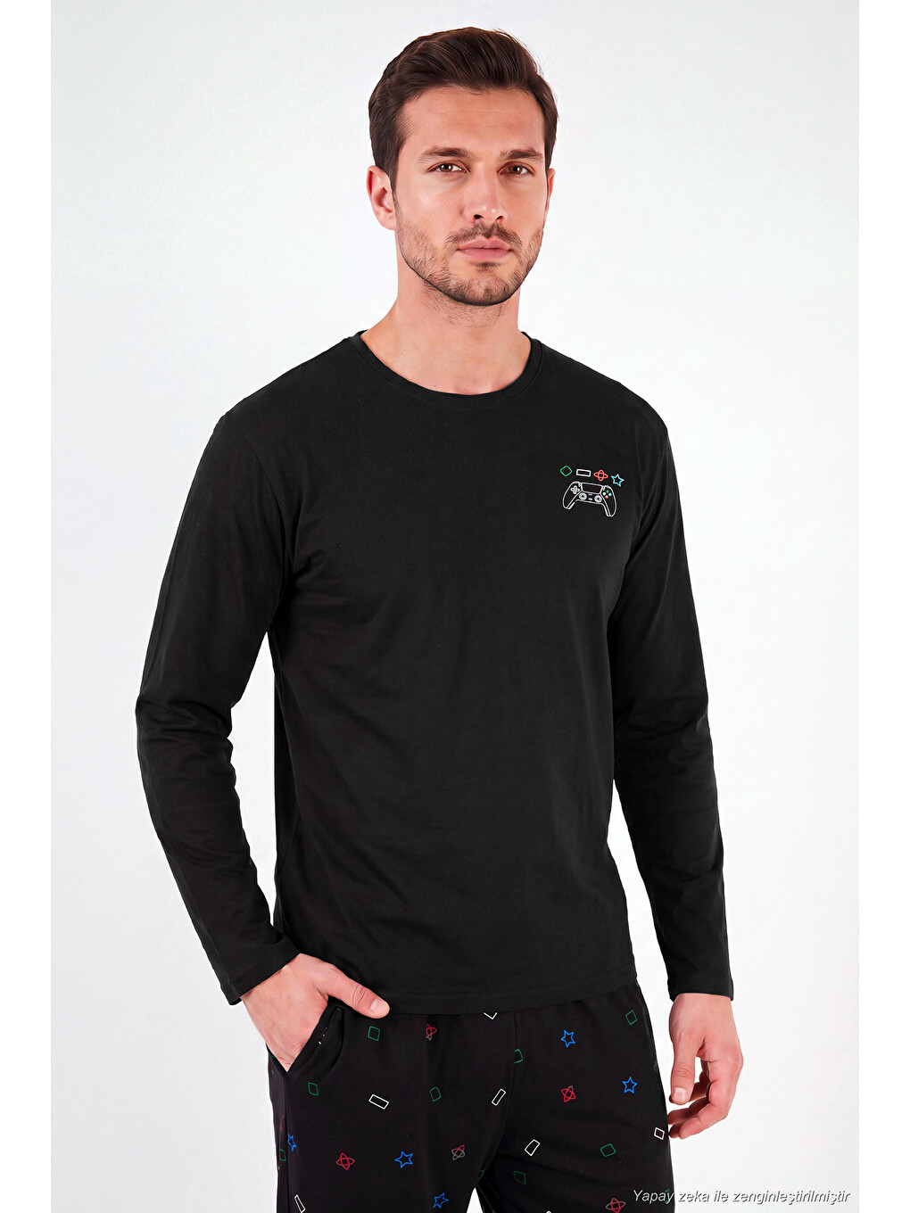 Siyah Baskılı Pamuklu Bisiklet Yaka Uzun Kollu Pijama Takımı 6575001-3