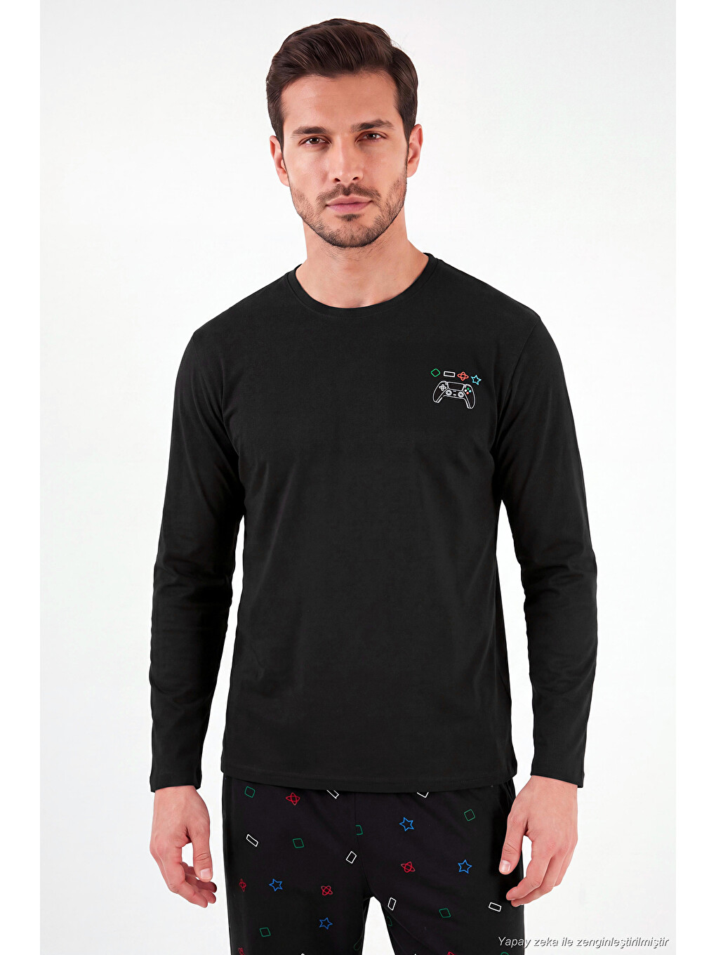 Siyah Baskılı Pamuklu Bisiklet Yaka Uzun Kollu Pijama Takımı 6575001-4