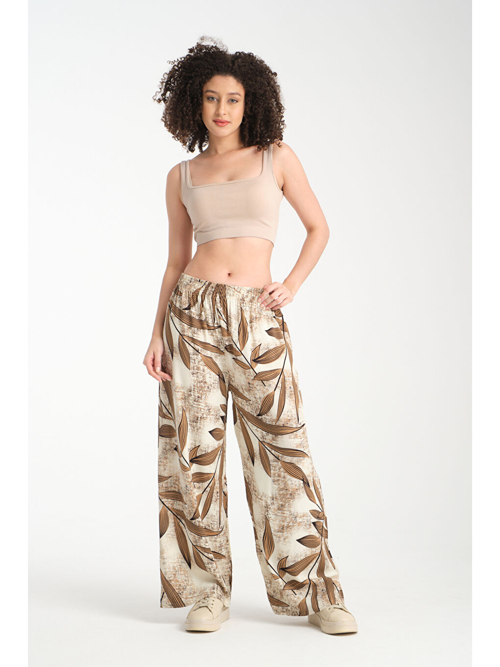 Kahverengi Kadın Yaprak Desenli Dökümlü Viskon Pantolon 1067-4