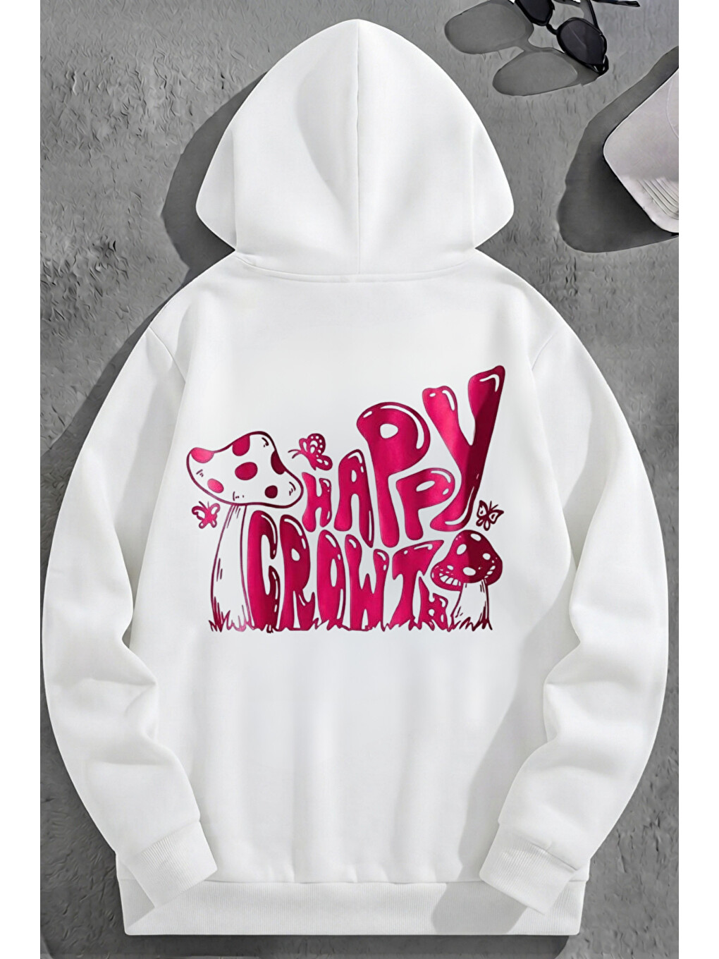 Unisex 3 İplik Pamuklu Beyaz Happycrowt Baskı Bol Kalıp Sweatshirt Hoodie