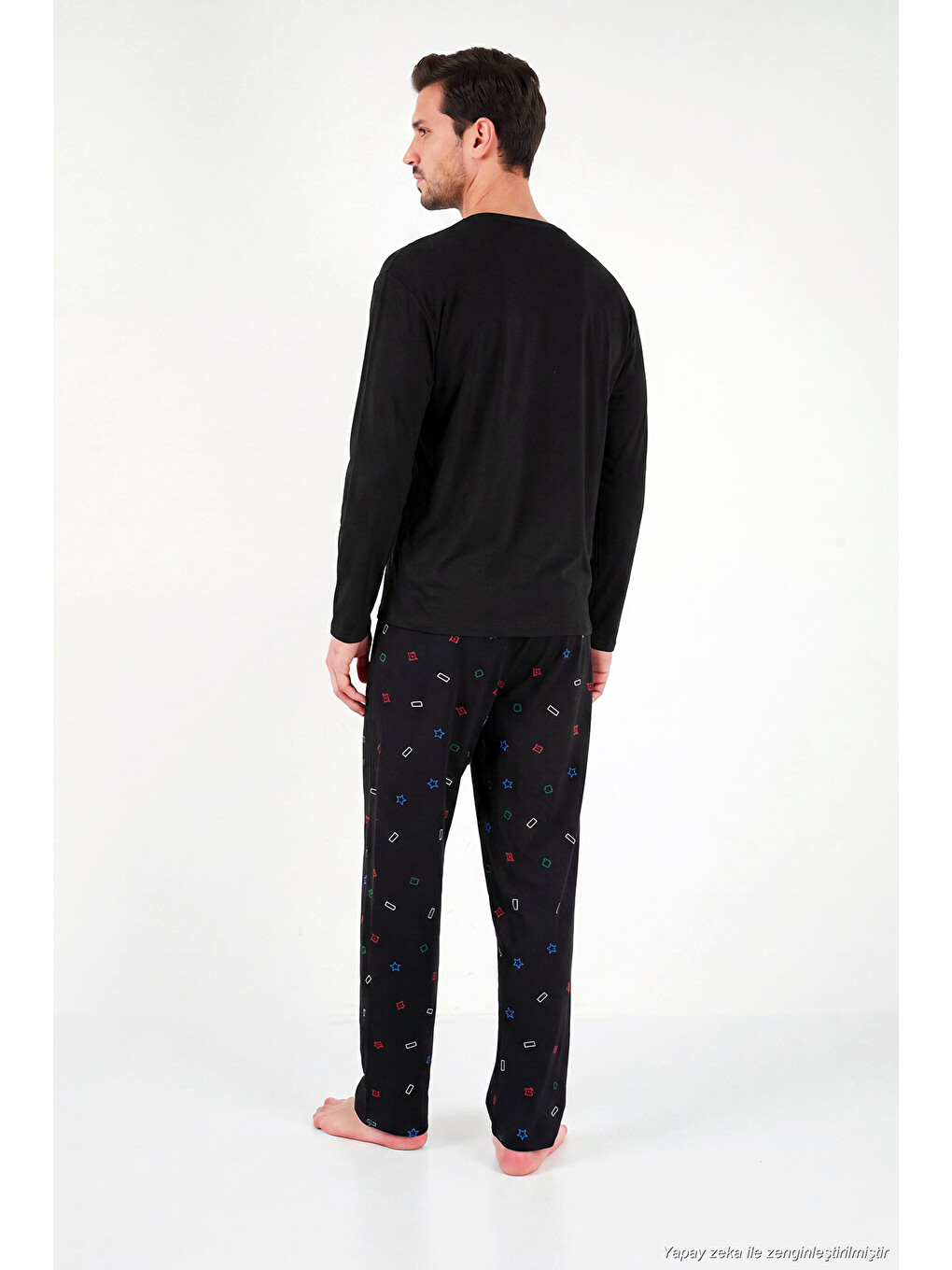 Siyah Baskılı Pamuklu Bisiklet Yaka Uzun Kollu Pijama Takımı 6575001-6
