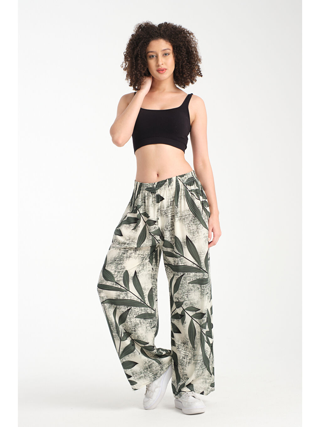 Haki Kadın Yaprak Desenli Dökümlü Viskon Pantolon 1067-1