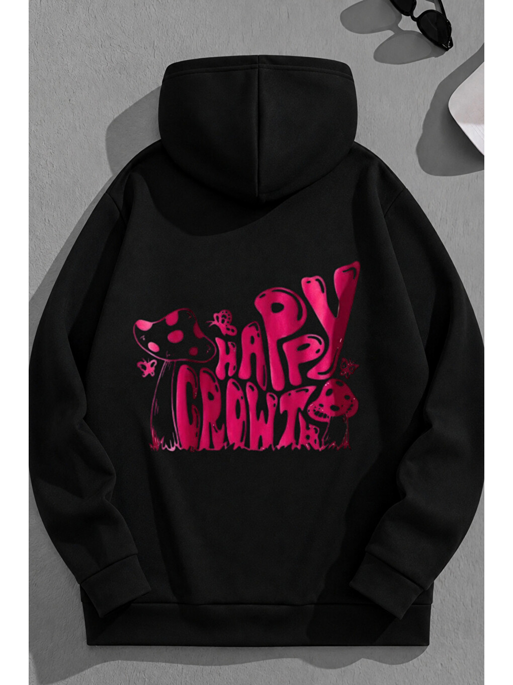 Unisex 3 İplik Pamuklu Siyah Happycrowt Baskı Bol Kalıp Sweatshirt Hoodie
