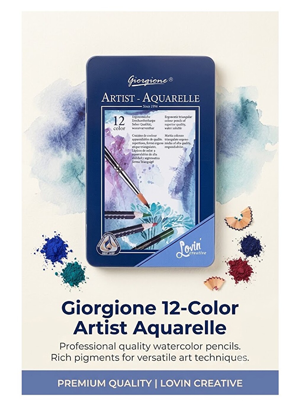 Aquarel Suluboya Kalemi 12 Renk 1 Paket Giorgione Teneke Kutu Sulu Boya Kalemi 12 Li Fırça Hediyeli-1