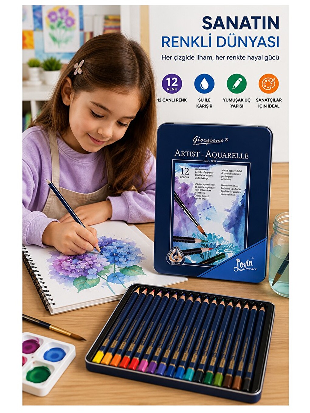 Aquarel Suluboya Kalemi 12 Renk 1 Paket Giorgione Teneke Kutu Sulu Boya Kalemi 12 Li Fırça Hediyeli-2