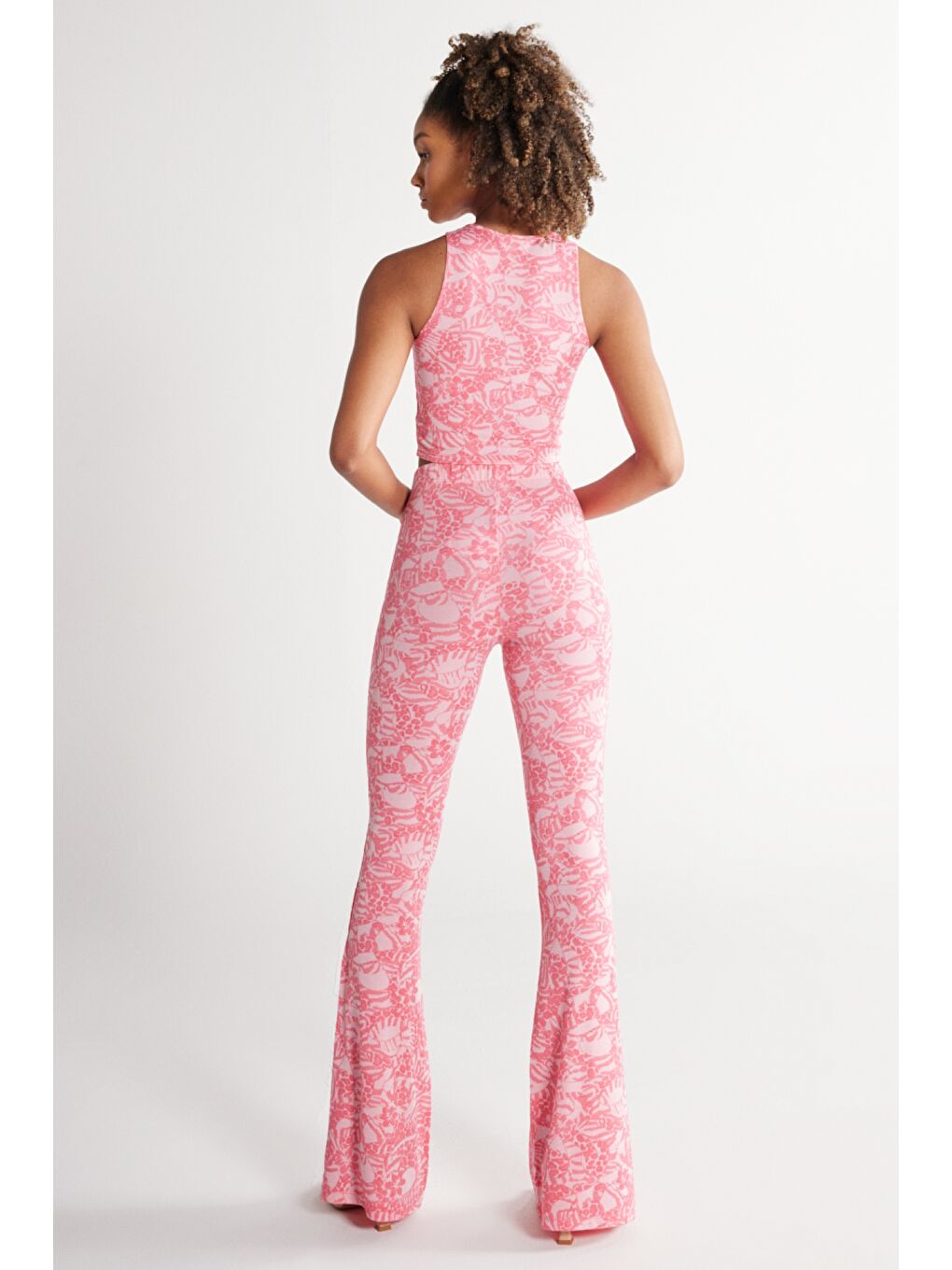 Flare Fit Yüksek Bel İspanyol Paça Pembe Desenli Pantolon-5