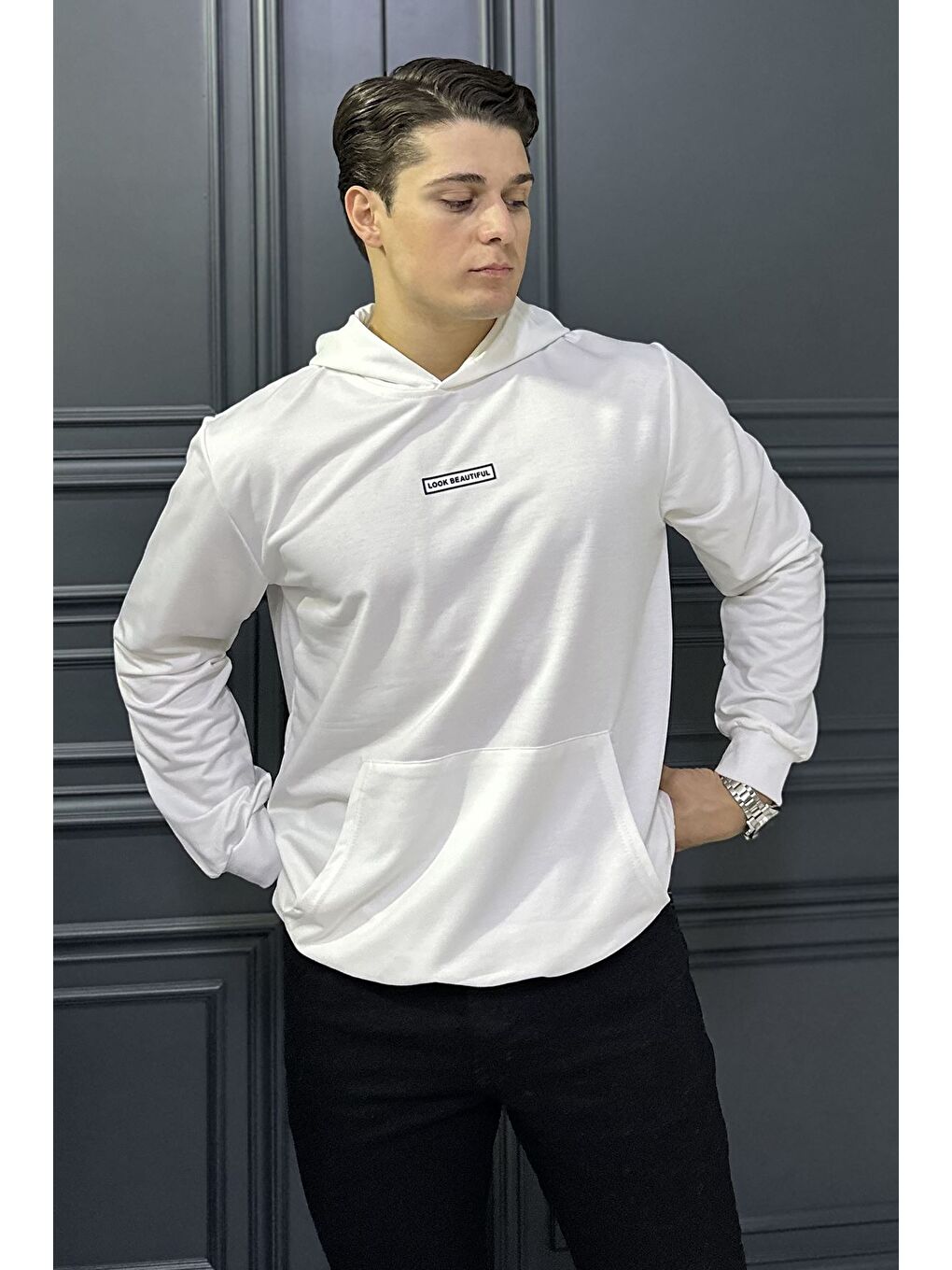 Ekru Kapüşonlu Kanguru Cepli Erkek Sweatshirt