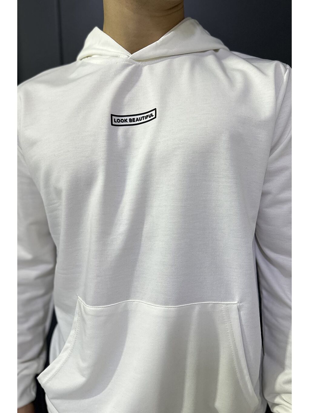 Ekru Kapüşonlu Kanguru Cepli Erkek Sweatshirt-2