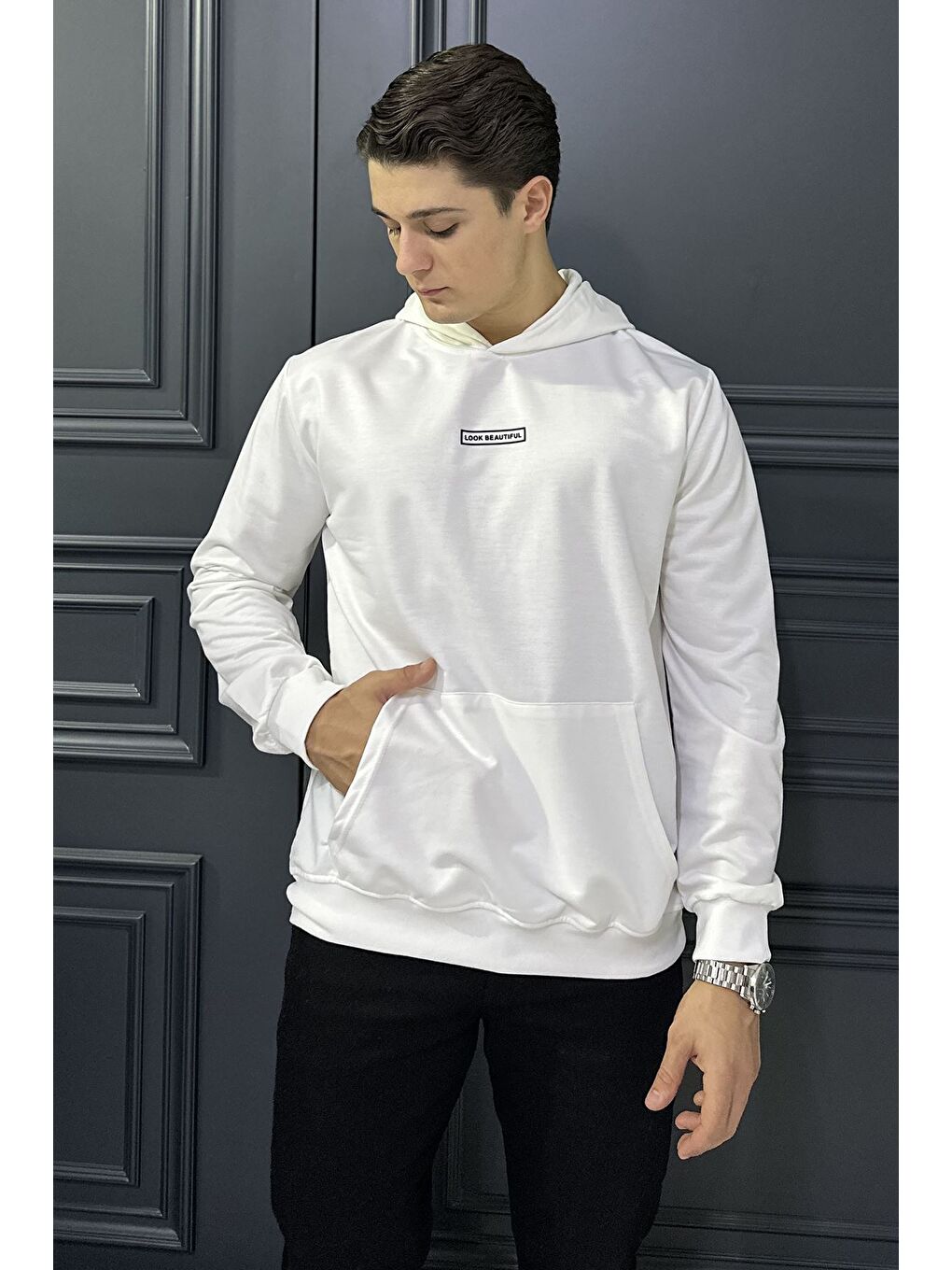 Ekru Kapüşonlu Kanguru Cepli Erkek Sweatshirt-3