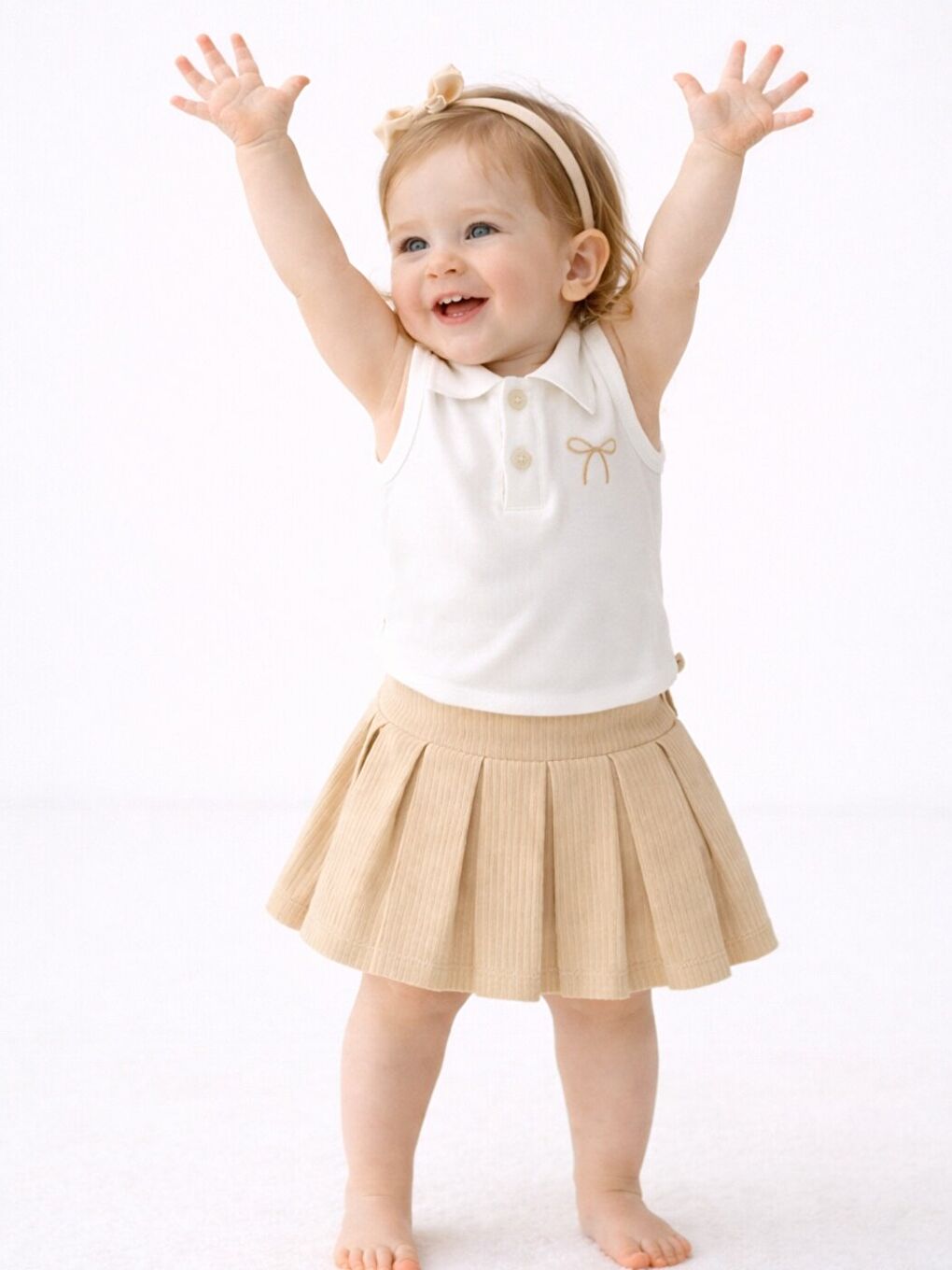 Kahverengi Kız Bebek 3’lü Takım Polo Yaka Nakışlı Üst + Pileli Etek + Taç  %100 Pamuk Yazlık-2