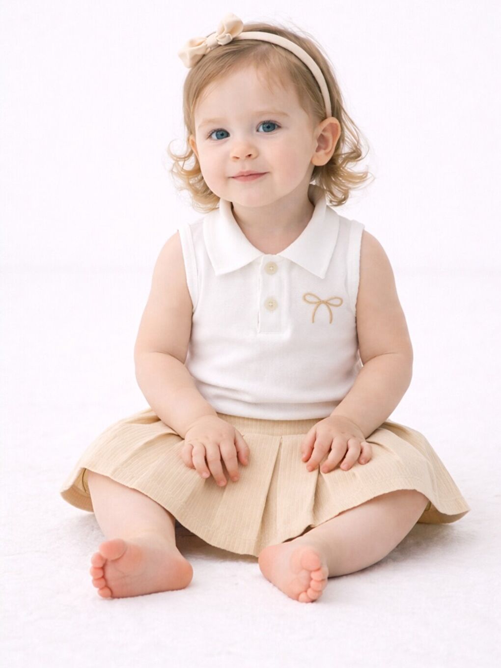 Kahverengi Kız Bebek 3’lü Takım Polo Yaka Nakışlı Üst + Pileli Etek + Taç  %100 Pamuk Yazlık-3
