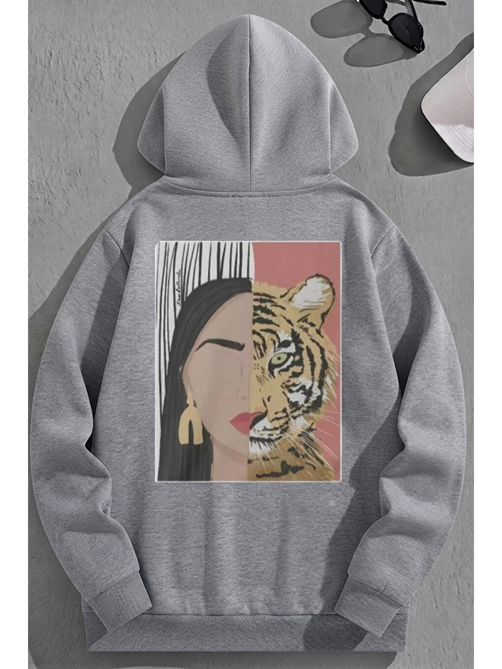 Unisex 3 İplik Pamuklu Gri İçimdekikaplan Baskı Bol Kalıp Sweatshirt Hoodie