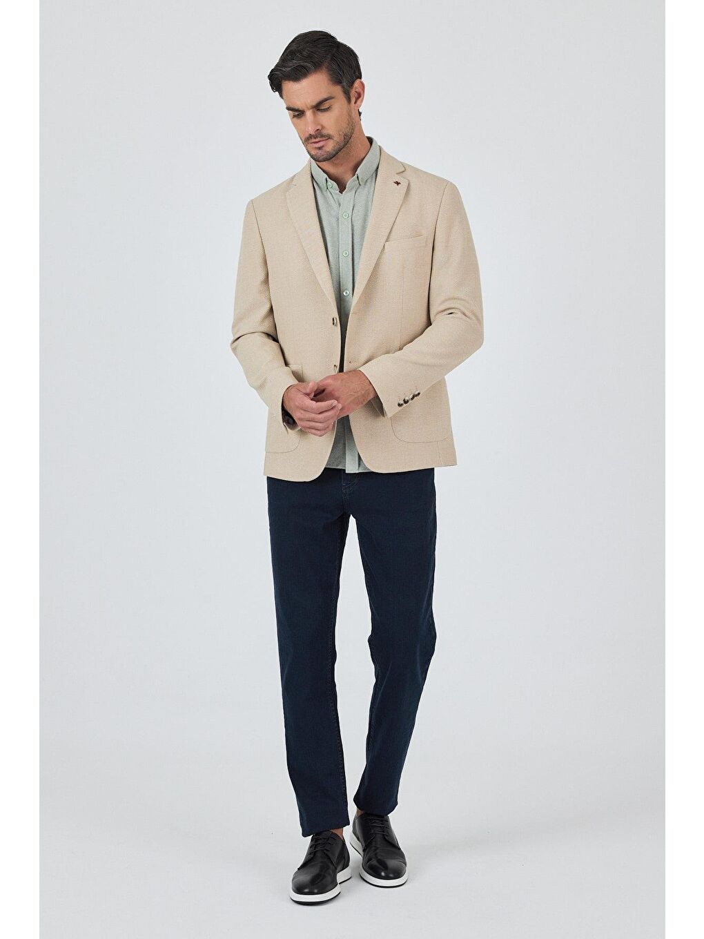 Açık Bej Mono Yaka Düz 2 Düğme Casual Esnek Slim Fit Ceket 1002250123-1