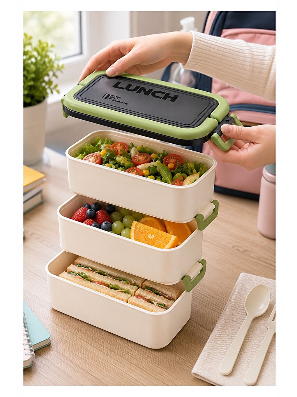 Yeşil Beslenme Kutusu 3 Bölmeli 1 Adet 3 Bölmeli Beslenme Kabı Yemek Saklama Kabı Taşınabilir Lunch-2