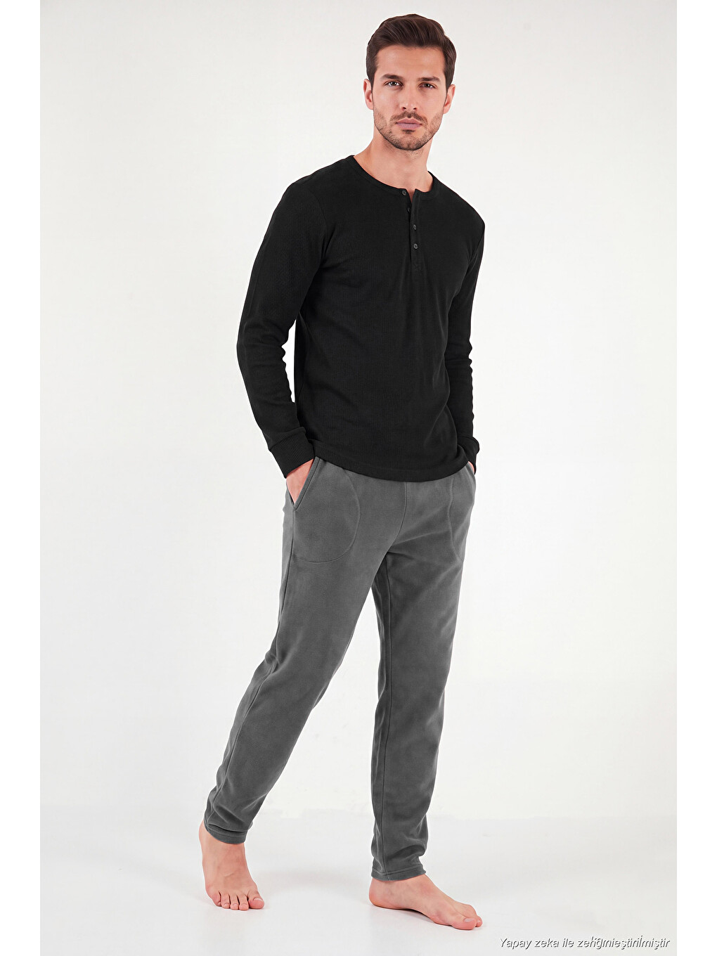 Antrasit Lastikli Bel Düz Paça Yumuşak Dokulu Polar Pijama Altı 6098001-2
