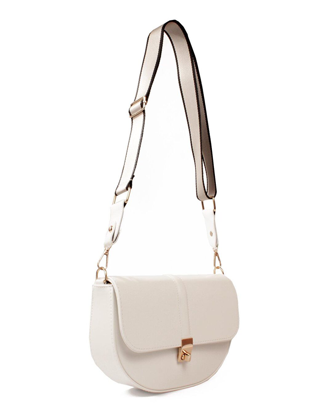 Beyaz Kadın Düz Doku Şişe Dibli Sık Kolon Askılı Kilitli Üst Kapak Kararmaz Aksesuarlı Omuz Çantası (1812)-1