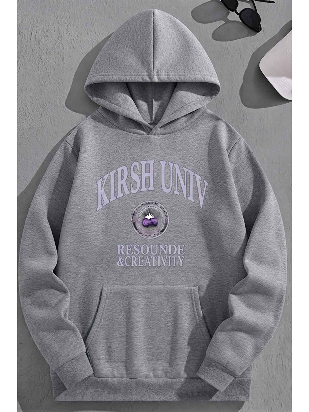 Unisex 3 İplik Pamuklu Gri Kırshunıv Baskı Bol Kalıp Sweatshirt Hoodie