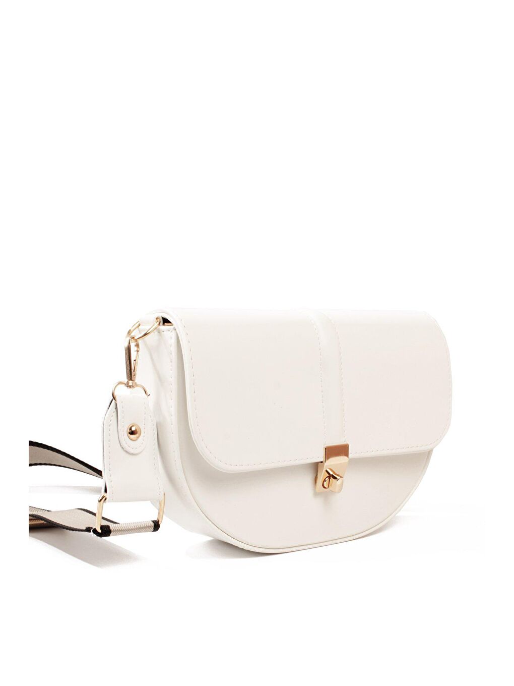 Beyaz Kadın Düz Doku Şişe Dibli Sık Kolon Askılı Kilitli Üst Kapak Kararmaz Aksesuarlı Omuz Çantası (1812)-2