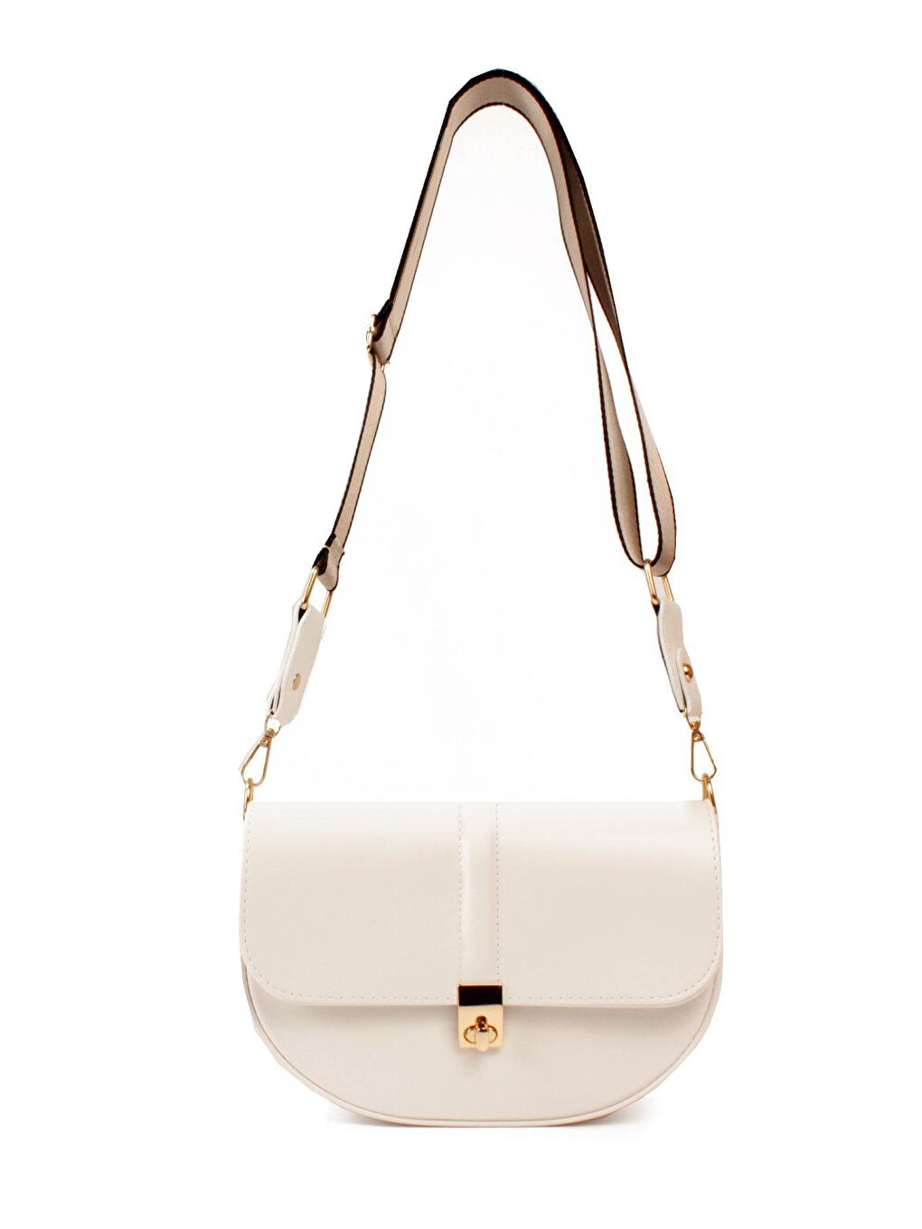 Beyaz Kadın Düz Doku Şişe Dibli Sık Kolon Askılı Kilitli Üst Kapak Kararmaz Aksesuarlı Omuz Çantası (1812)-3