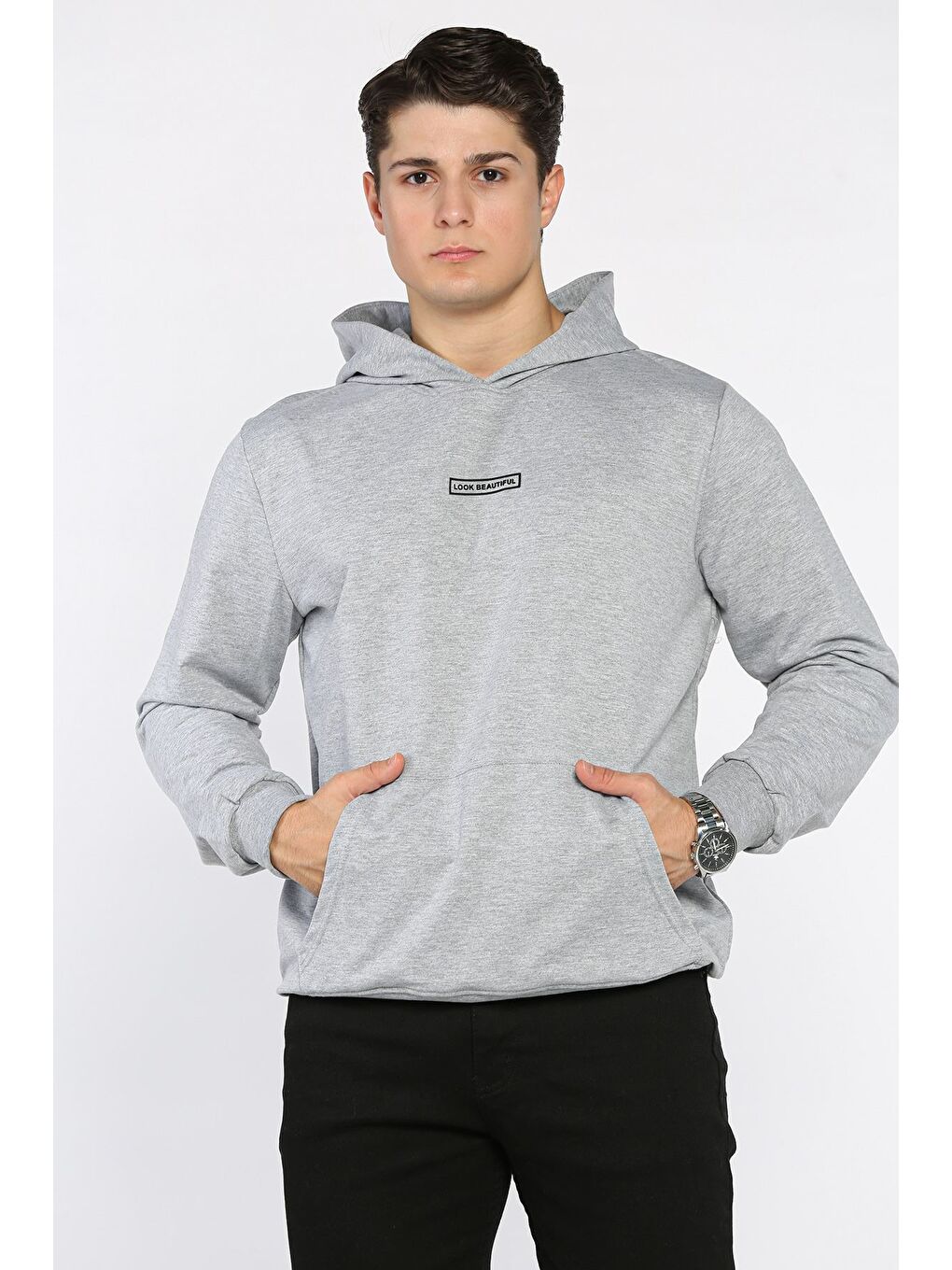 Gri Kapüşonlu Kanguru Cepli Erkek Sweatshirt