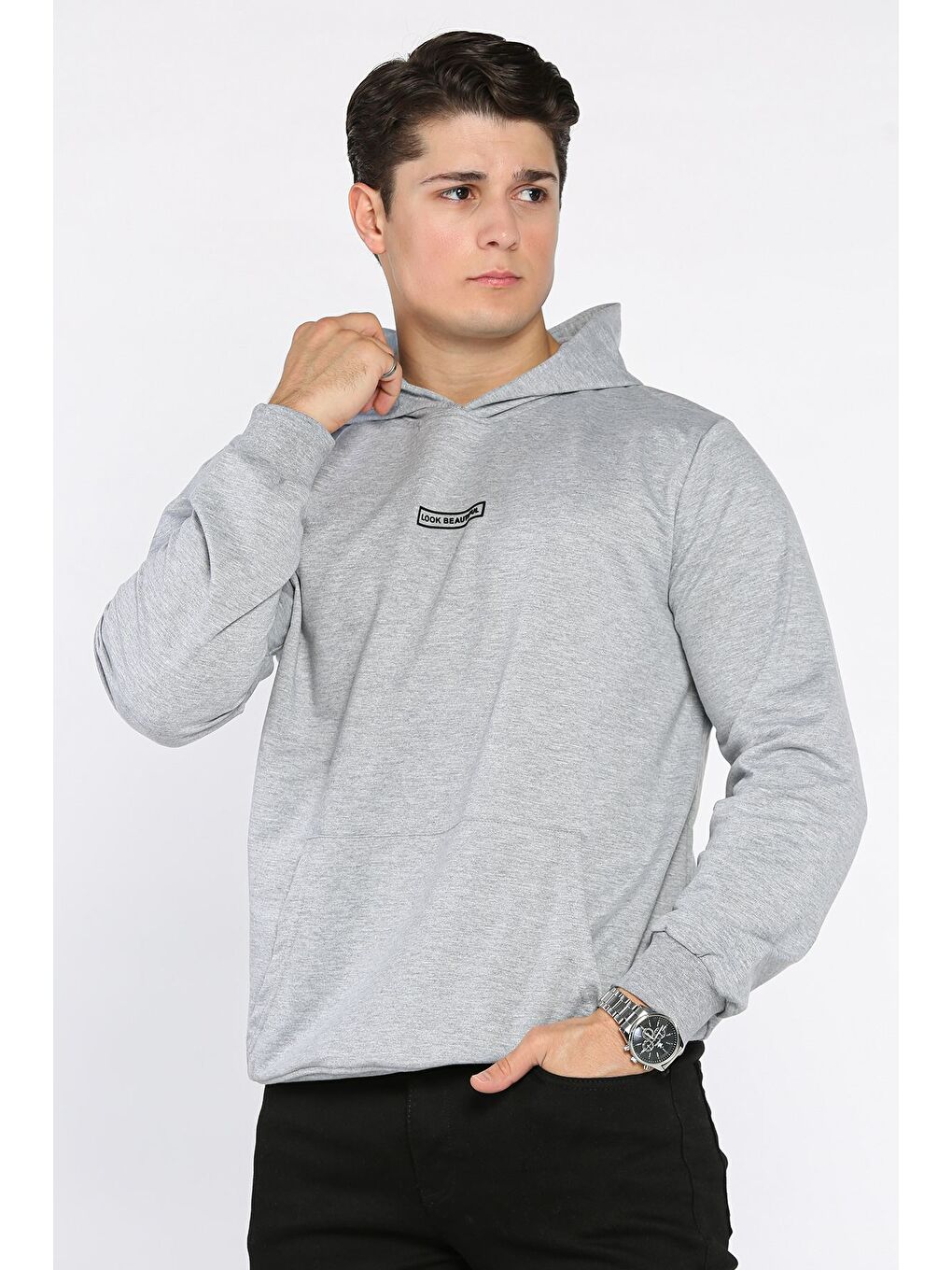 Gri Kapüşonlu Kanguru Cepli Erkek Sweatshirt-1