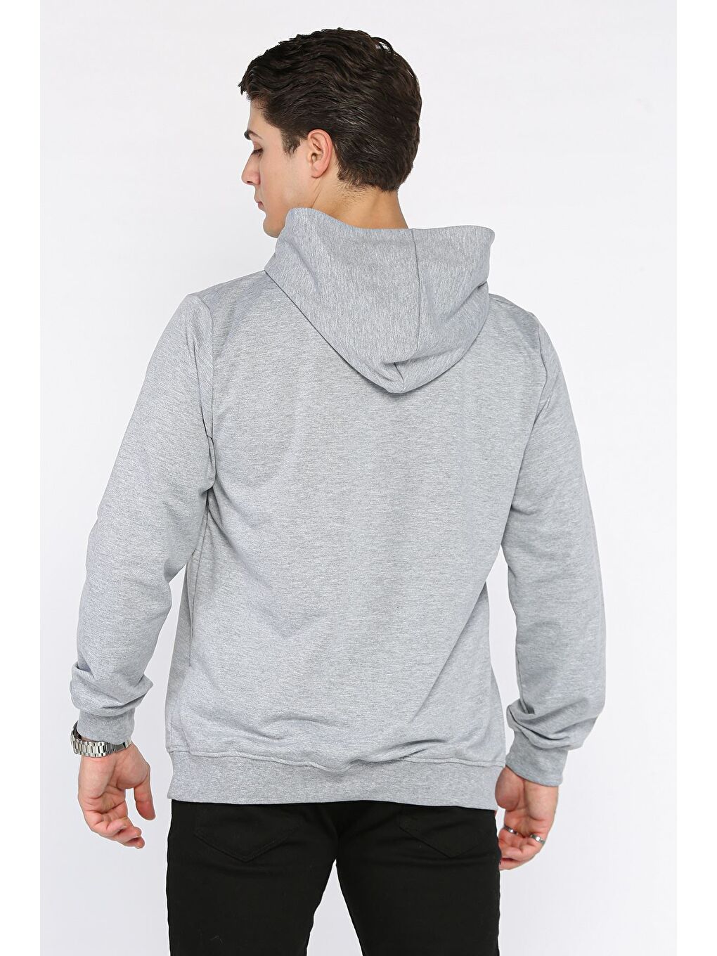 Gri Kapüşonlu Kanguru Cepli Erkek Sweatshirt-2