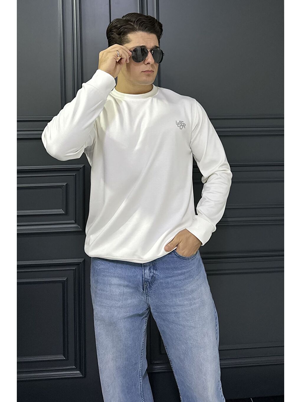 Ekru Erkek Bisiklet Yaka Baskılı Sweatshirt