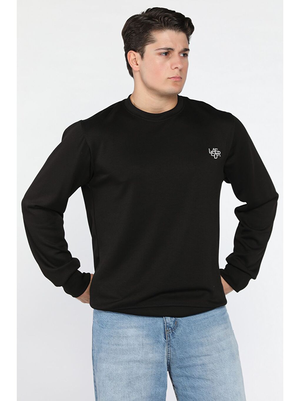 Siyah Erkek Bisiklet Yaka Baskılı Sweatshirt