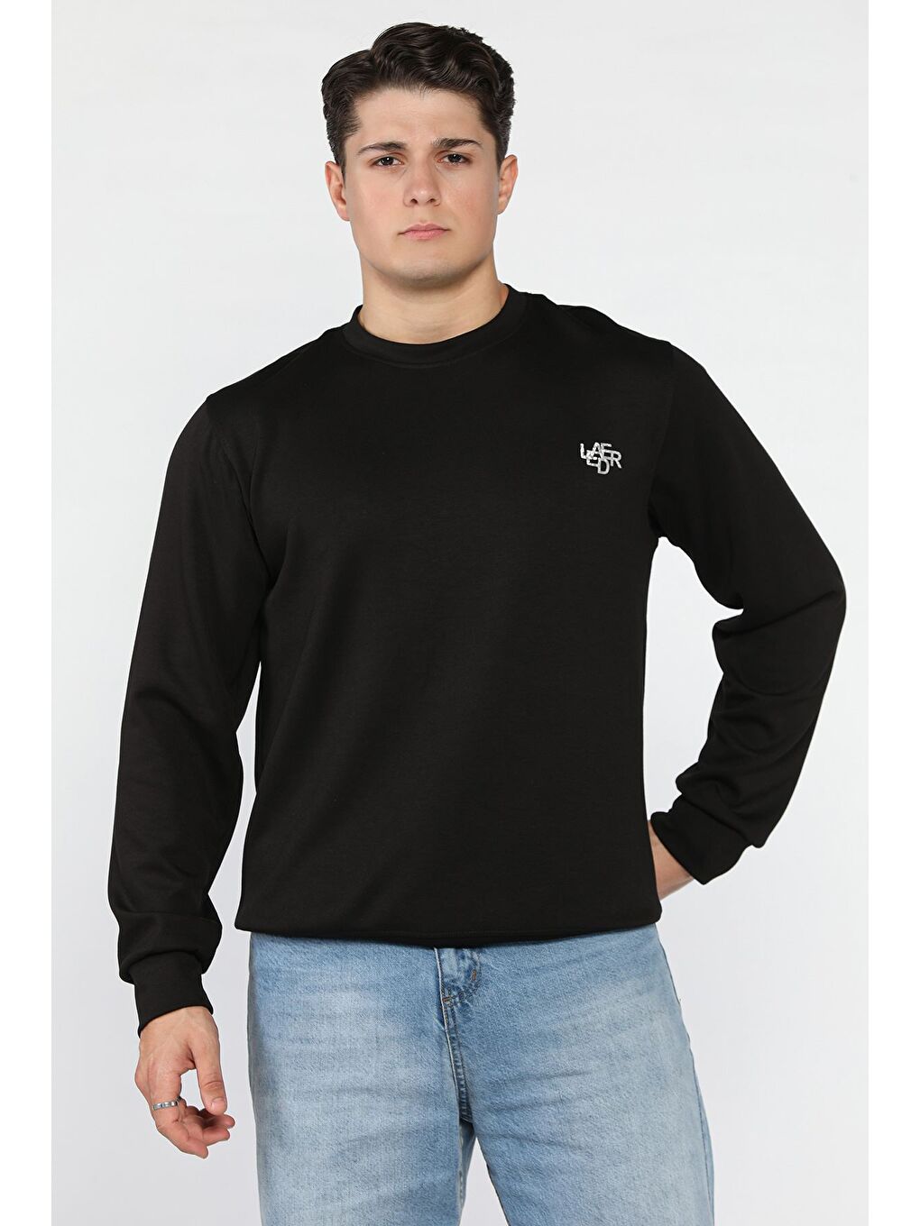 Siyah Erkek Bisiklet Yaka Baskılı Sweatshirt-1
