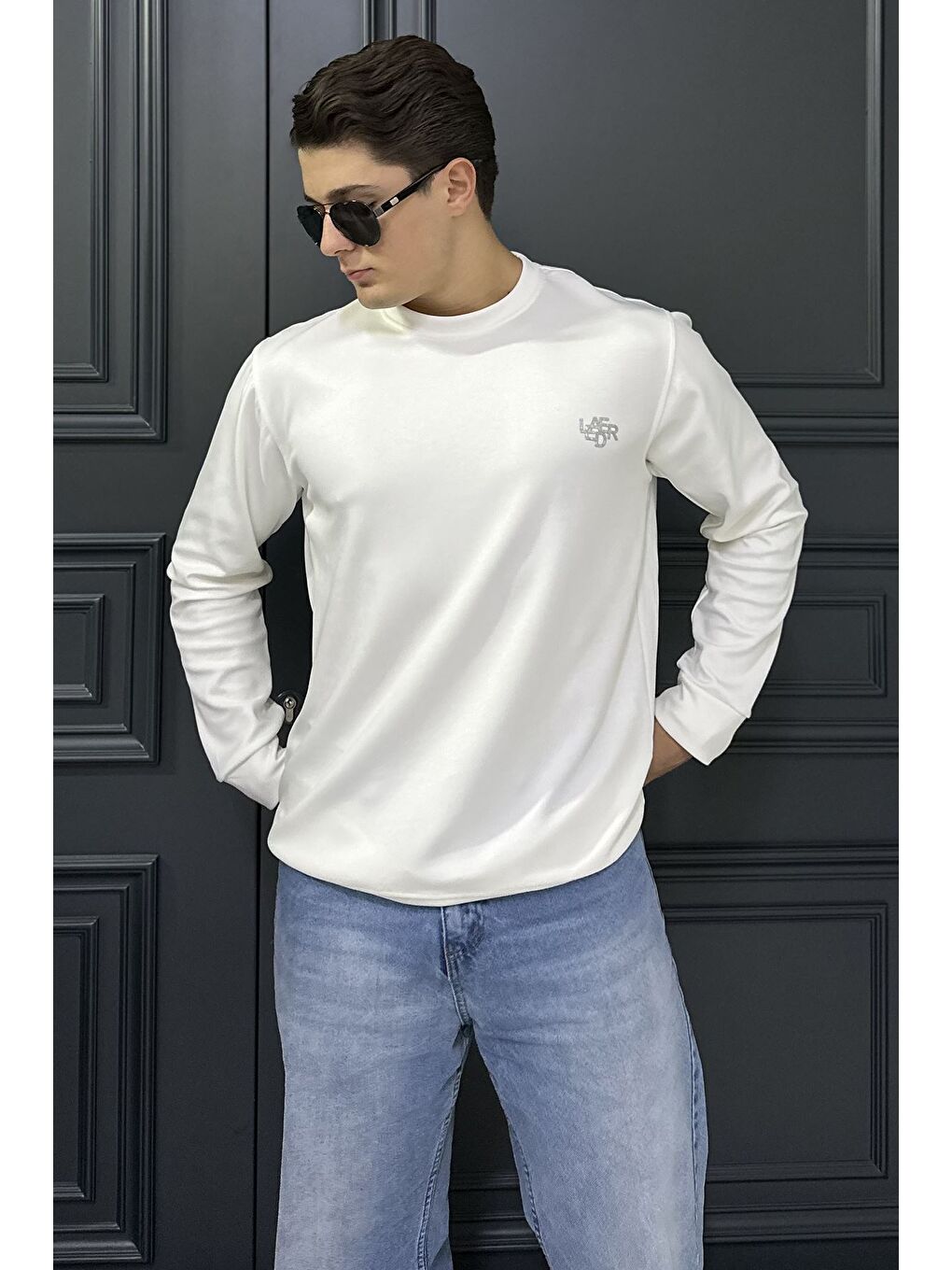 Ekru Erkek Bisiklet Yaka Baskılı Sweatshirt-2