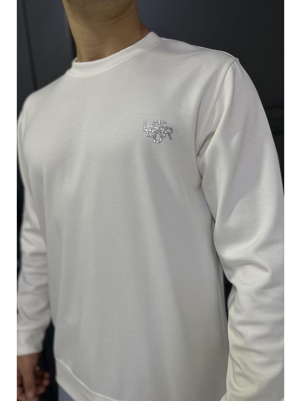 Ekru Erkek Bisiklet Yaka Baskılı Sweatshirt-3