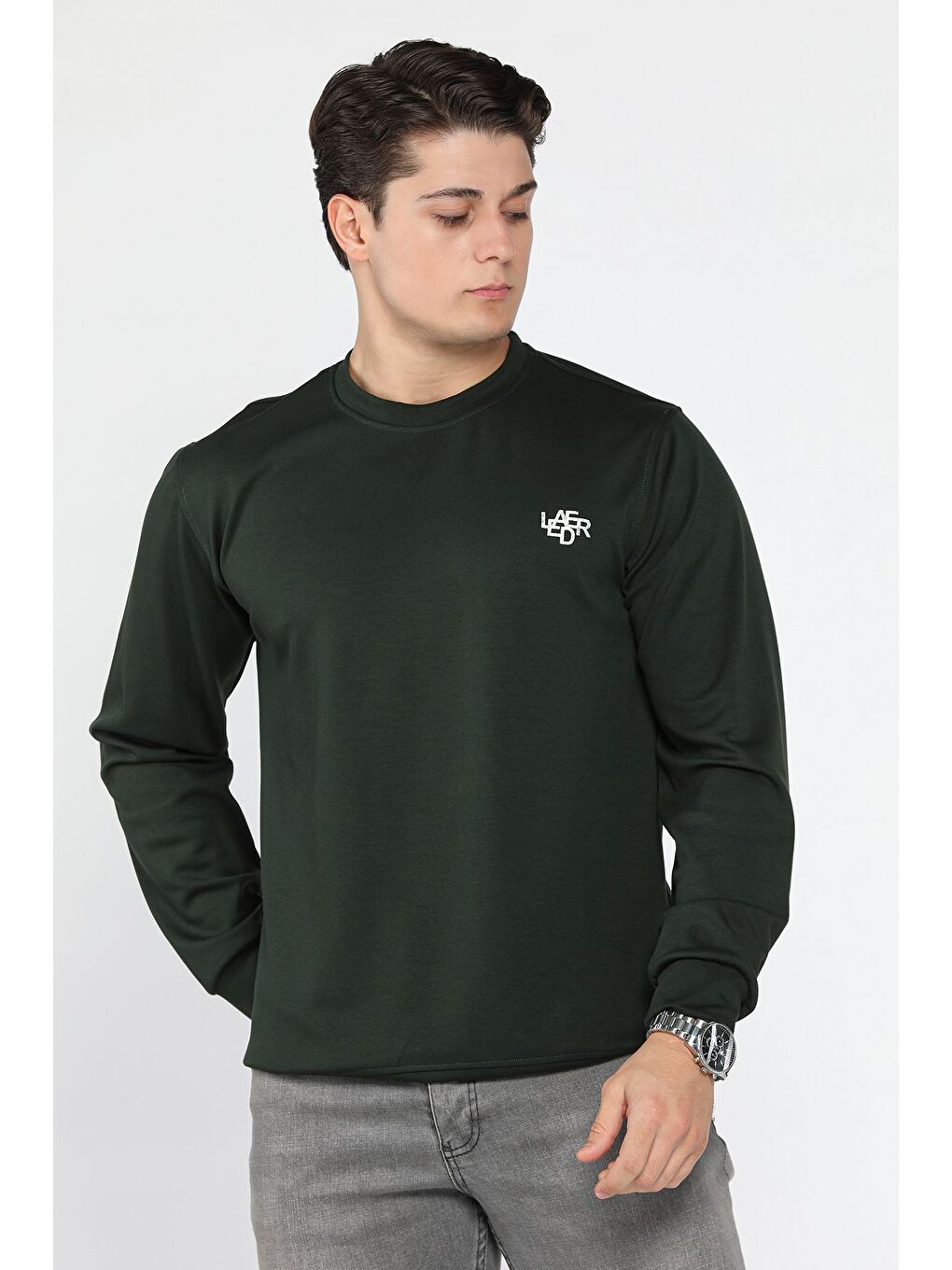 Yeşil Erkek Bisiklet Yaka Baskılı Sweatshirt
