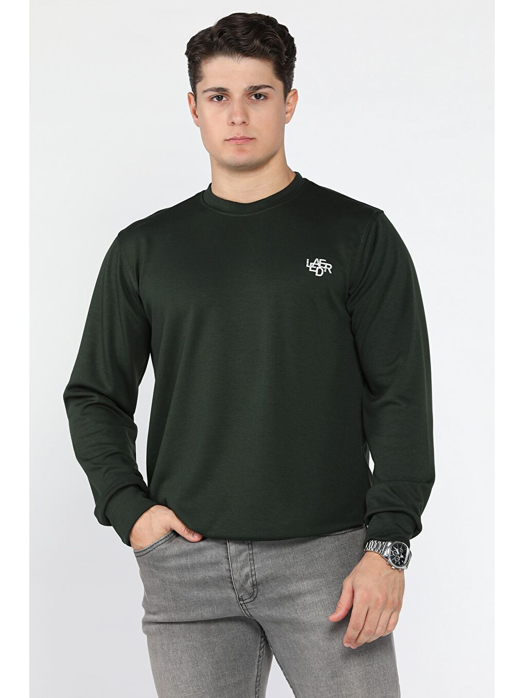 Yeşil Erkek Bisiklet Yaka Baskılı Sweatshirt-1