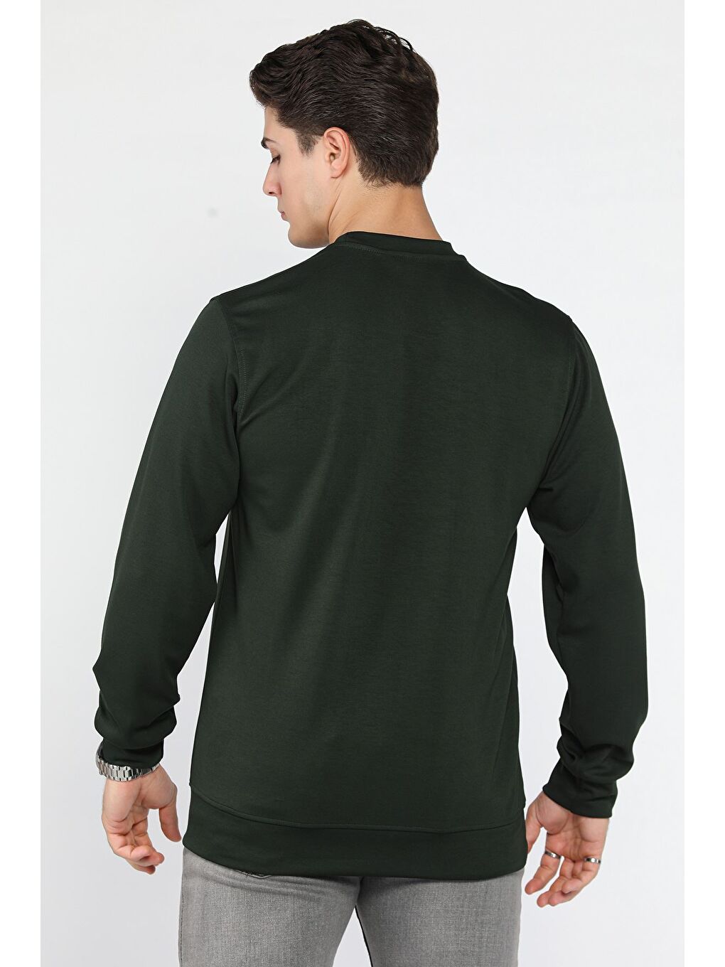 Yeşil Erkek Bisiklet Yaka Baskılı Sweatshirt-2