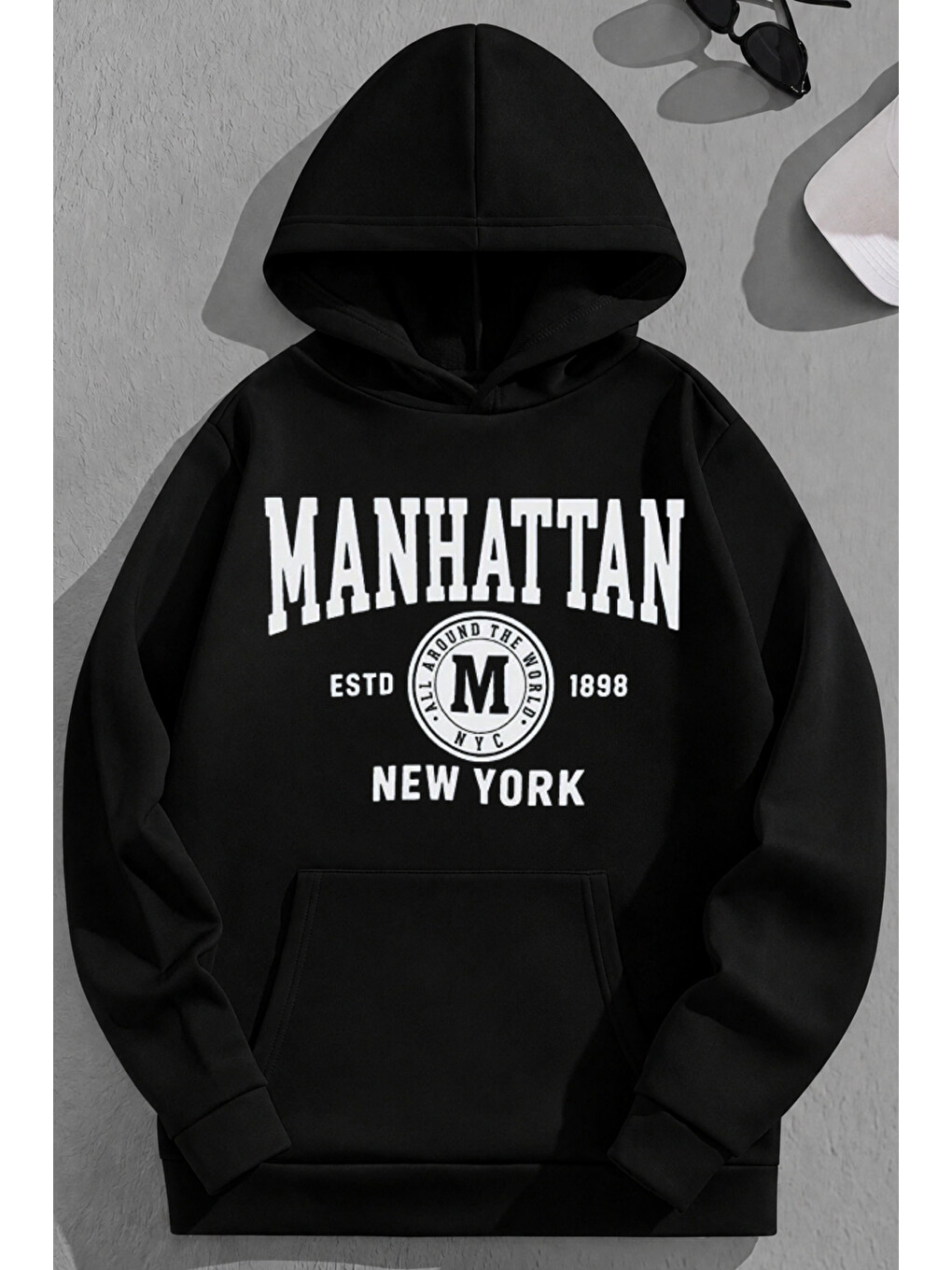 Unisex 3 İplik Pamuklu Siyah Manhattan Baskı Bol Kalıp Sweatshirt Hoodie