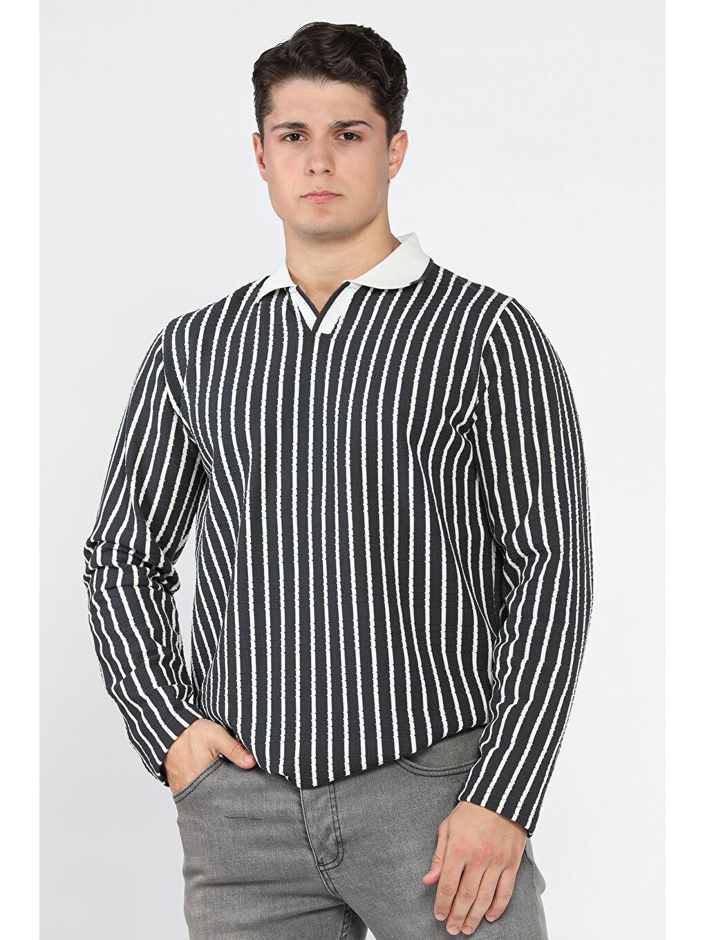 Gri Gömlek Yaka Çizgili Erkek Sweatshirt