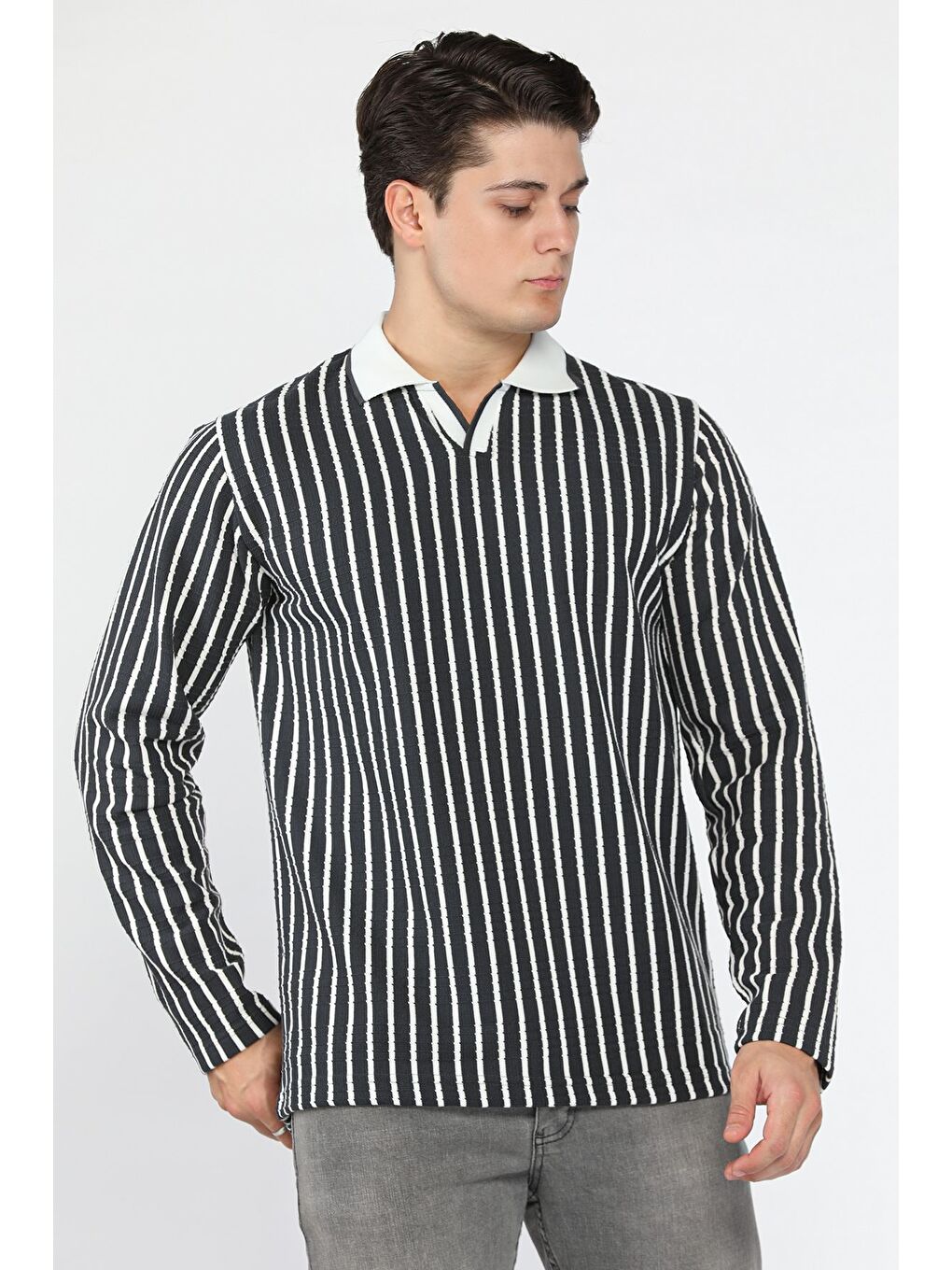 Gri Gömlek Yaka Çizgili Erkek Sweatshirt-1