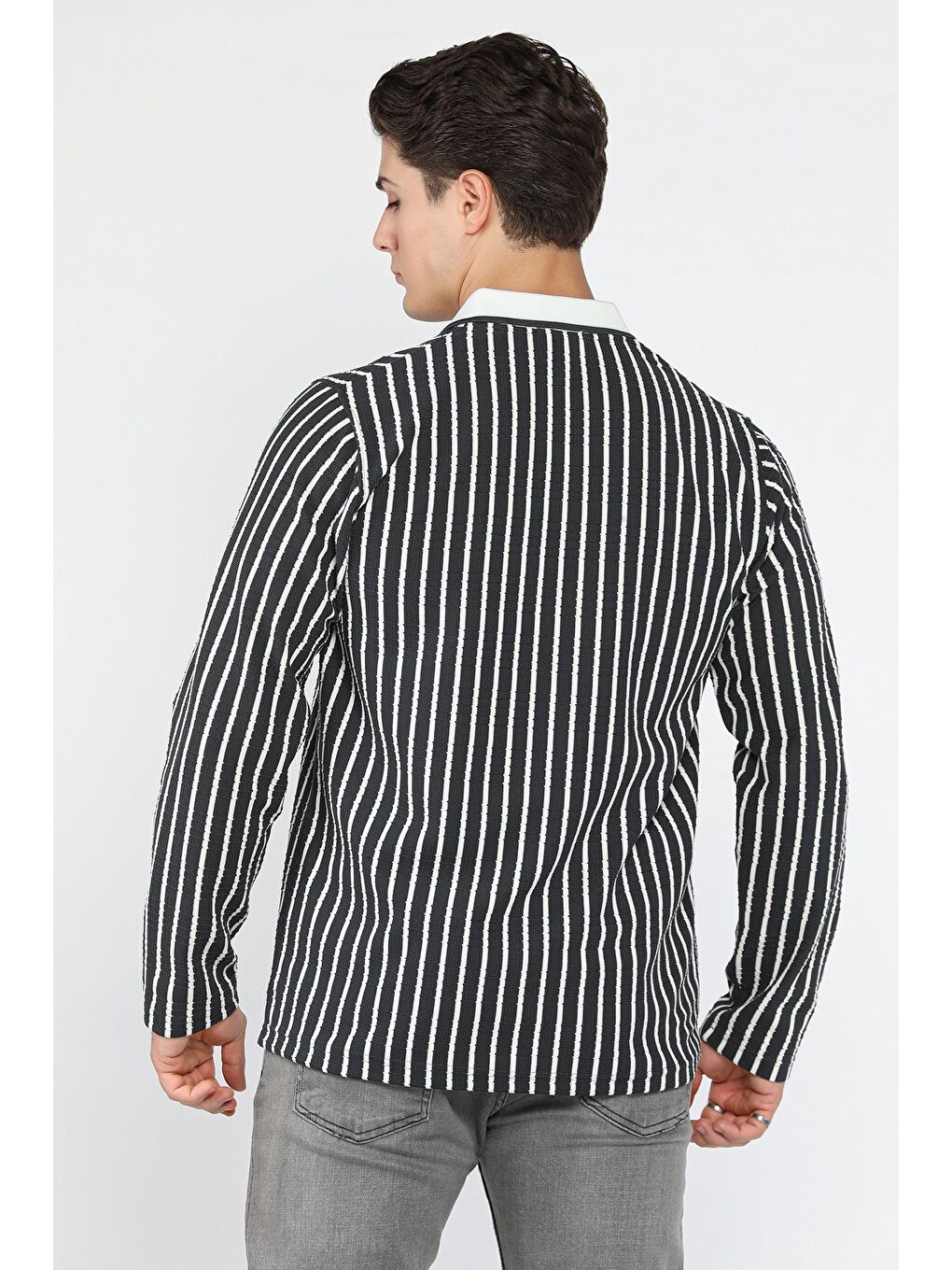 Gri Gömlek Yaka Çizgili Erkek Sweatshirt-2