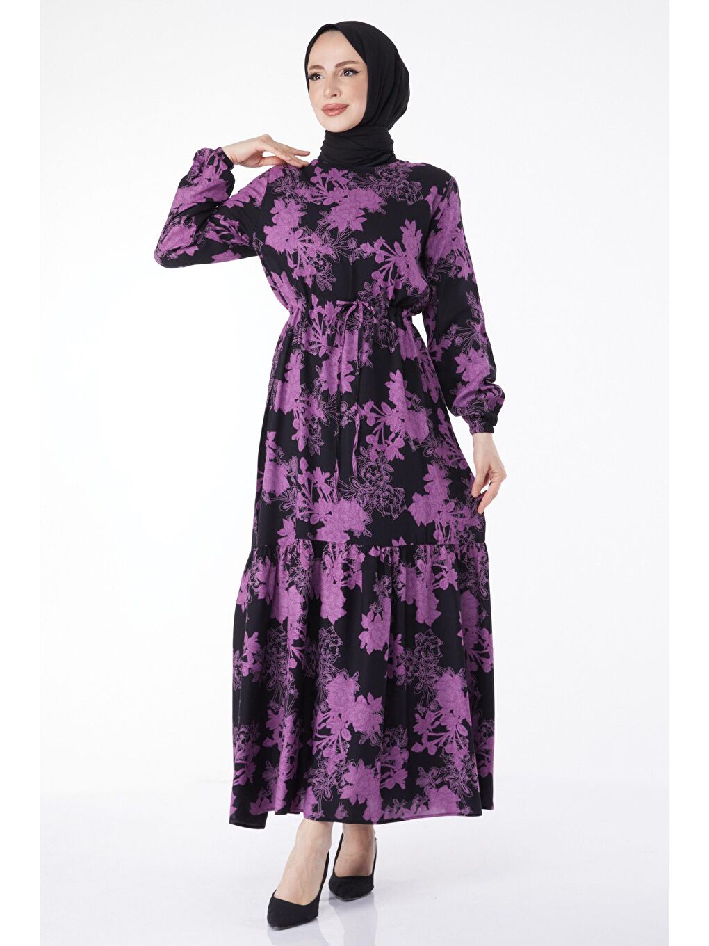 Bisiklet Yaka Kadın Mor Bağcıklı Desenli Elbise - 24896