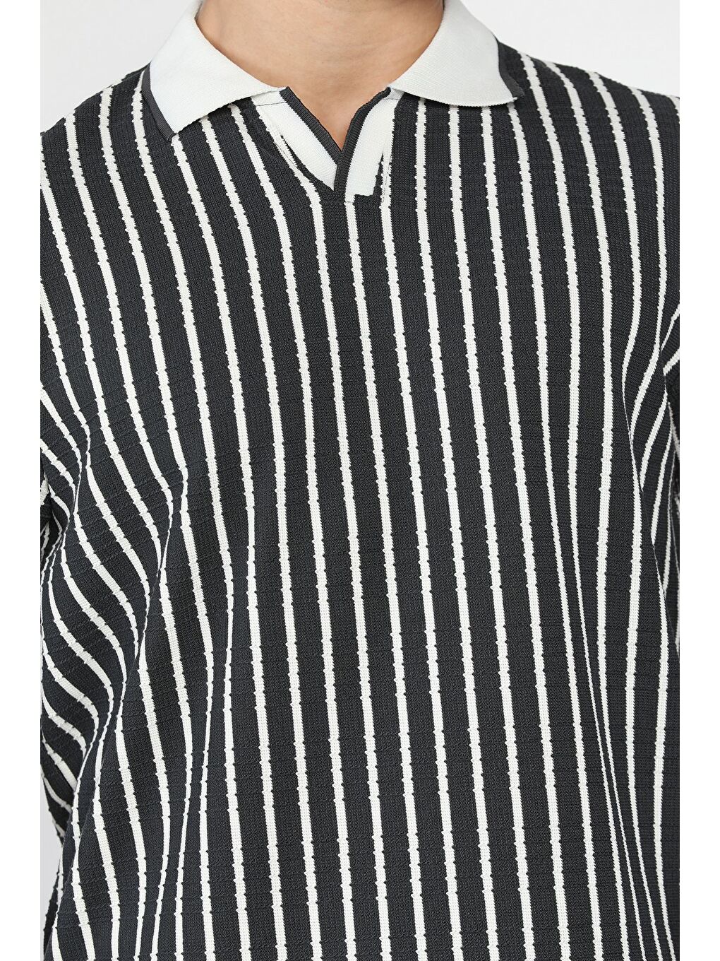 Gri Gömlek Yaka Çizgili Erkek Sweatshirt-3