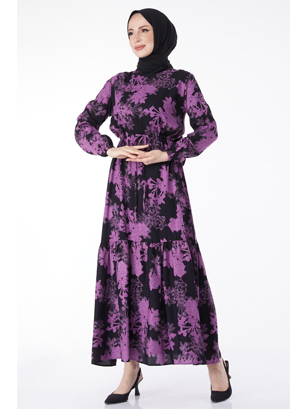 Bisiklet Yaka Kadın Mor Bağcıklı Desenli Elbise - 24896-1